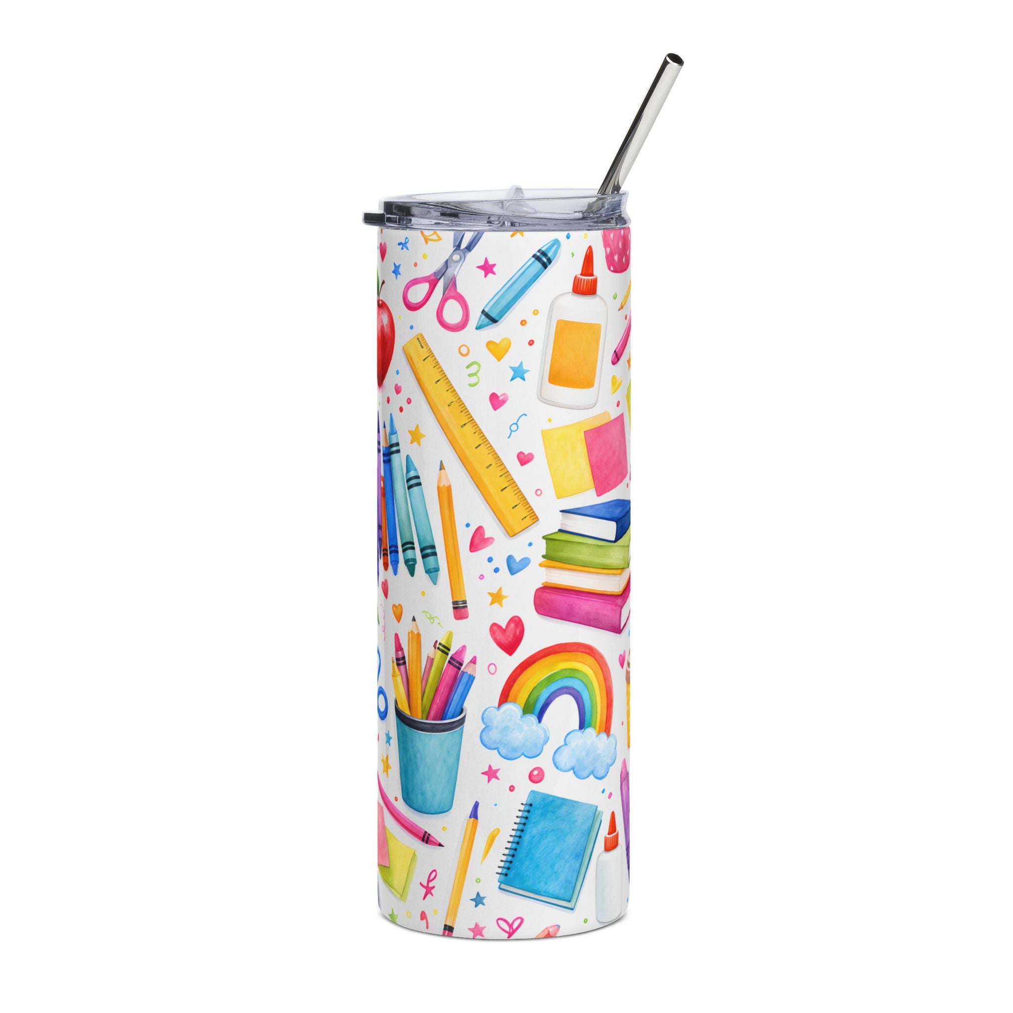 20oz Stainless Steel Tumbler — Colorful School Supplies Pattern (Crayons, Rainbows, Apple)