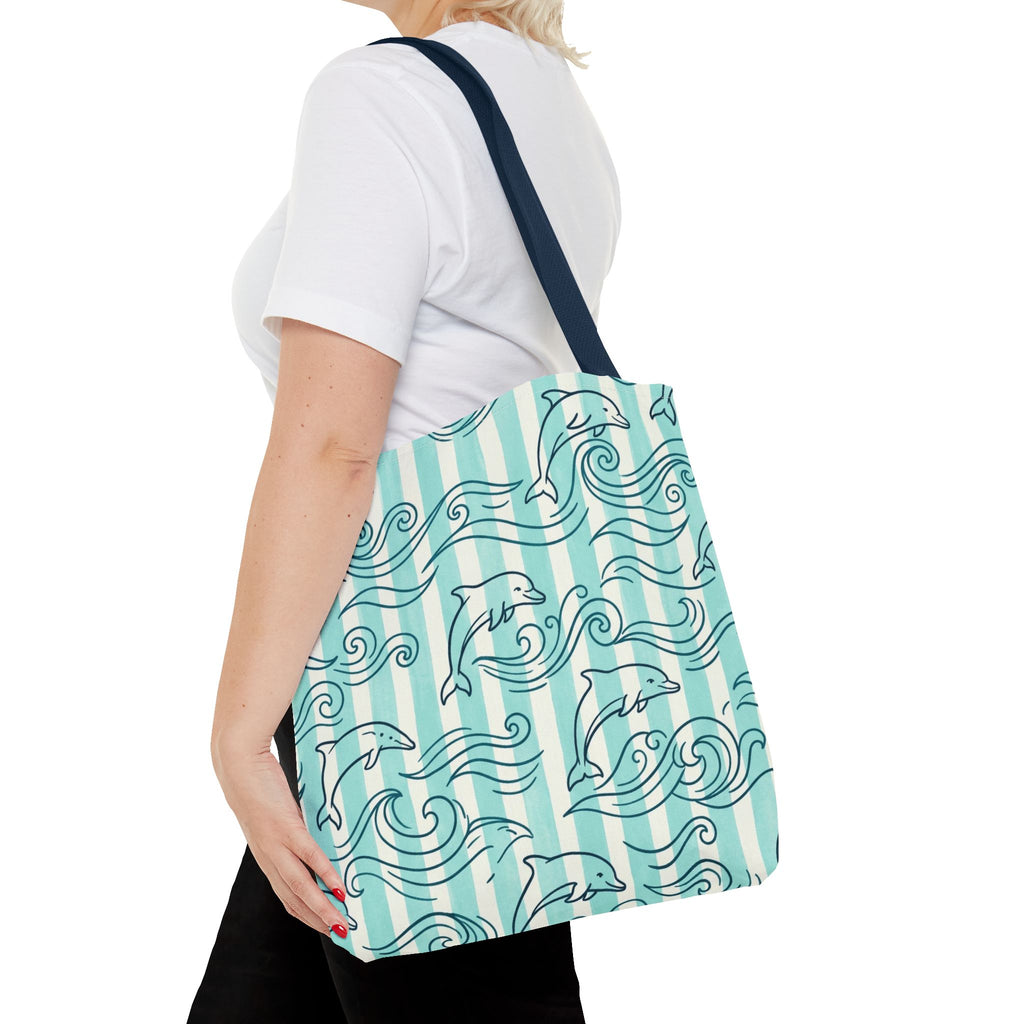 Dolphin Wave Pattern Tote Bag | Aqua Striped Ocean Design