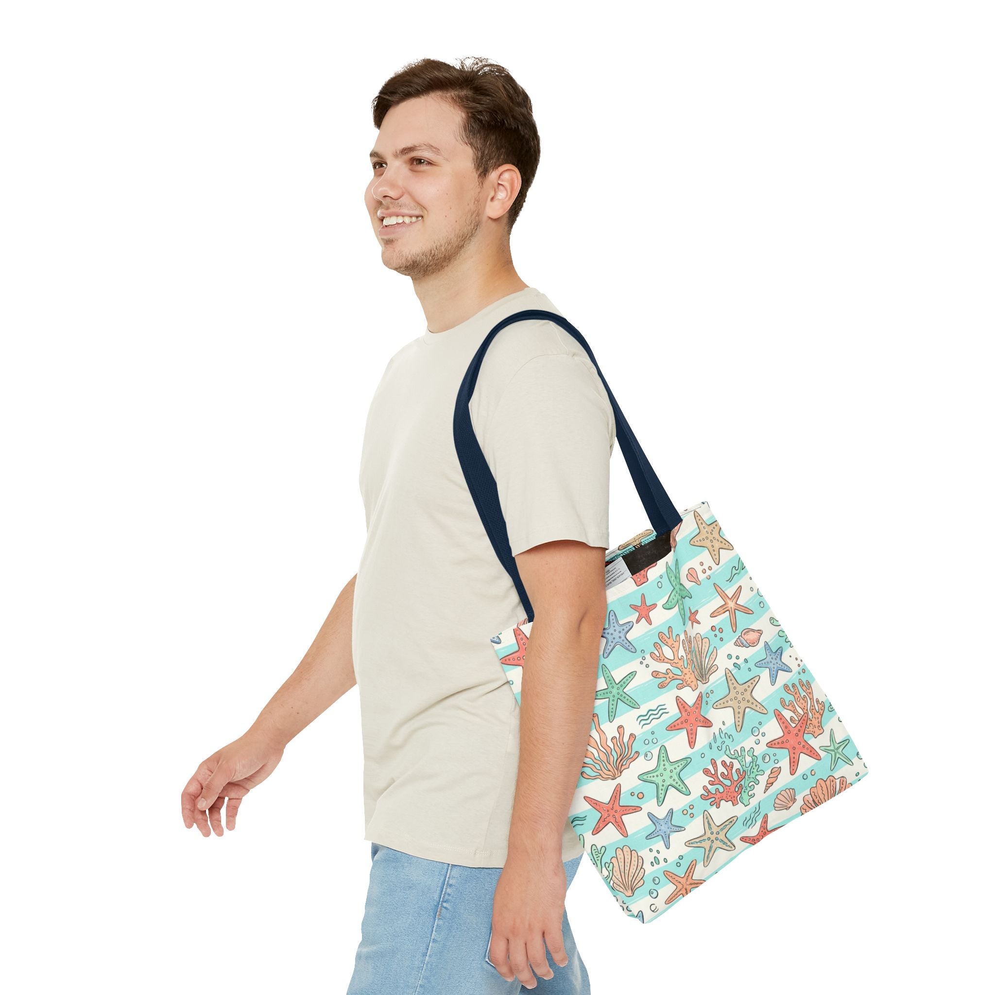 Starfish Coral Pattern Tote Bag | Beach Sea Life Striped Nautical Design