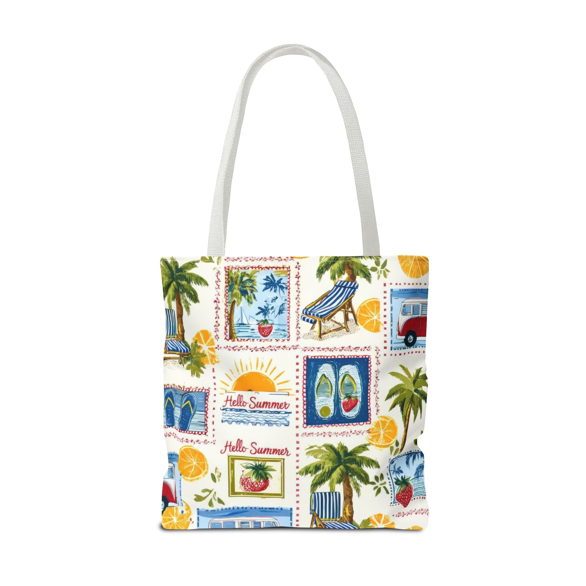 Hello Summer collage Tote Bag | beach palm trees flip flops camper van