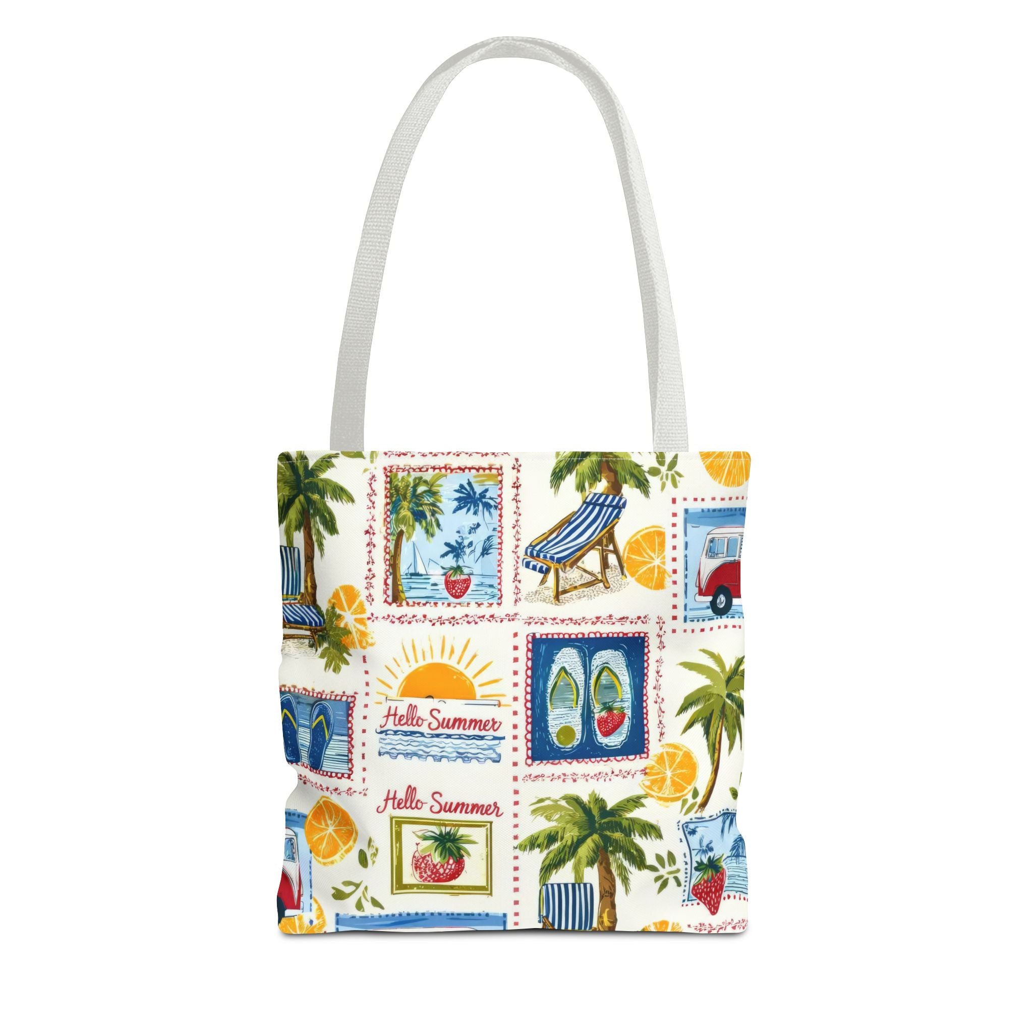 Hello Summer collage Tote Bag | beach palm trees flip flops camper van