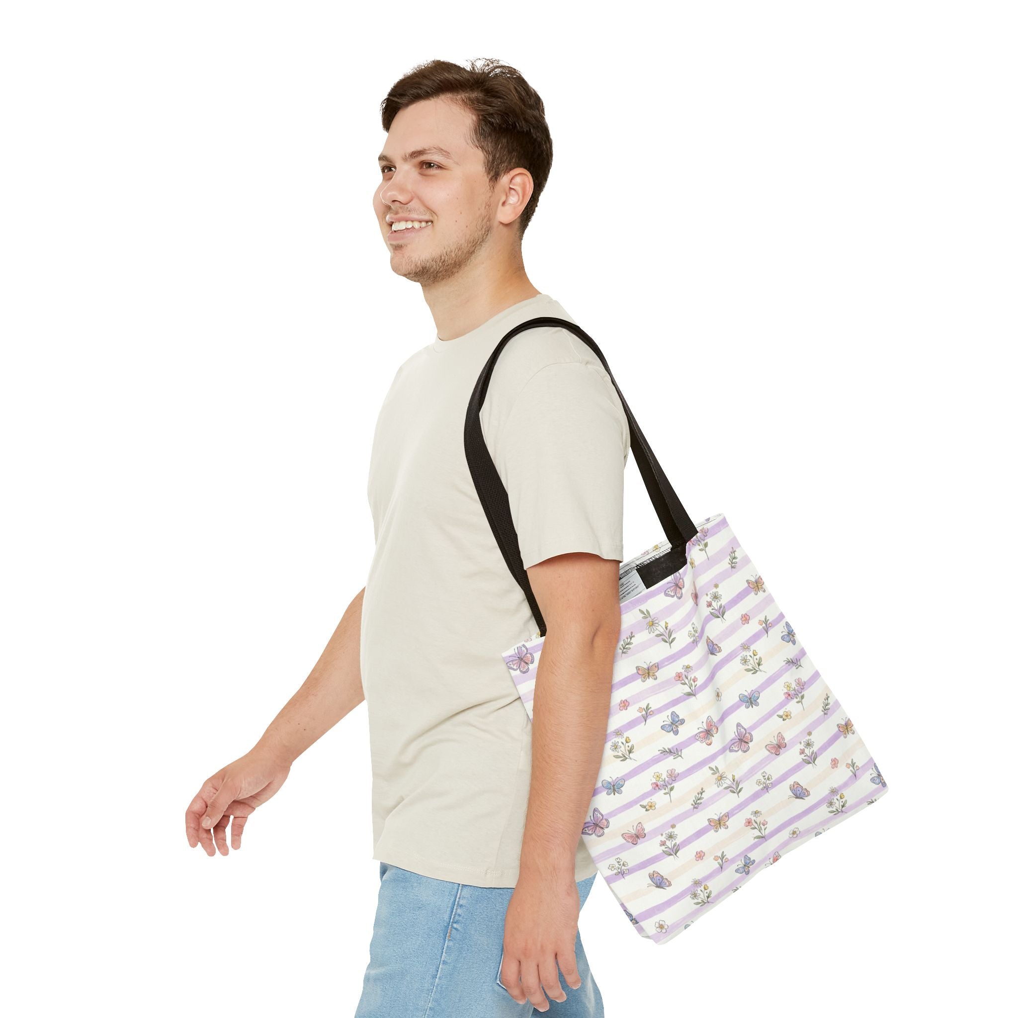 Pastel Butterfly Floral Stripe Tote
