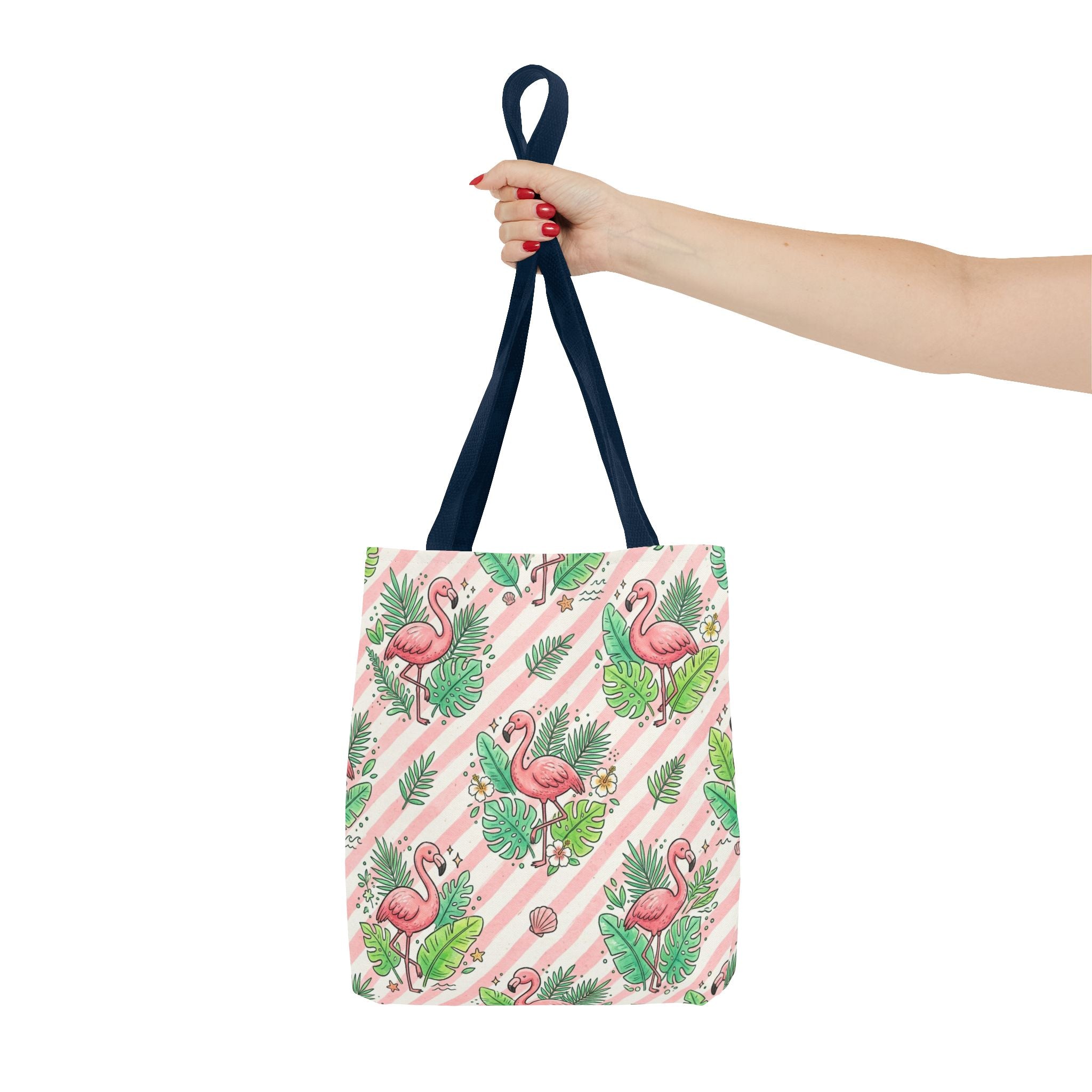 Pink Flamingo Pattern Tote Bag | Tropical Leaves Striped All-Over Print