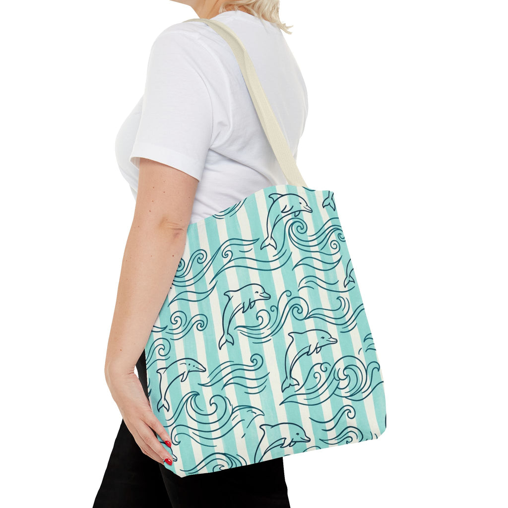 Dolphin Wave Pattern Tote Bag | Aqua Striped Ocean Design