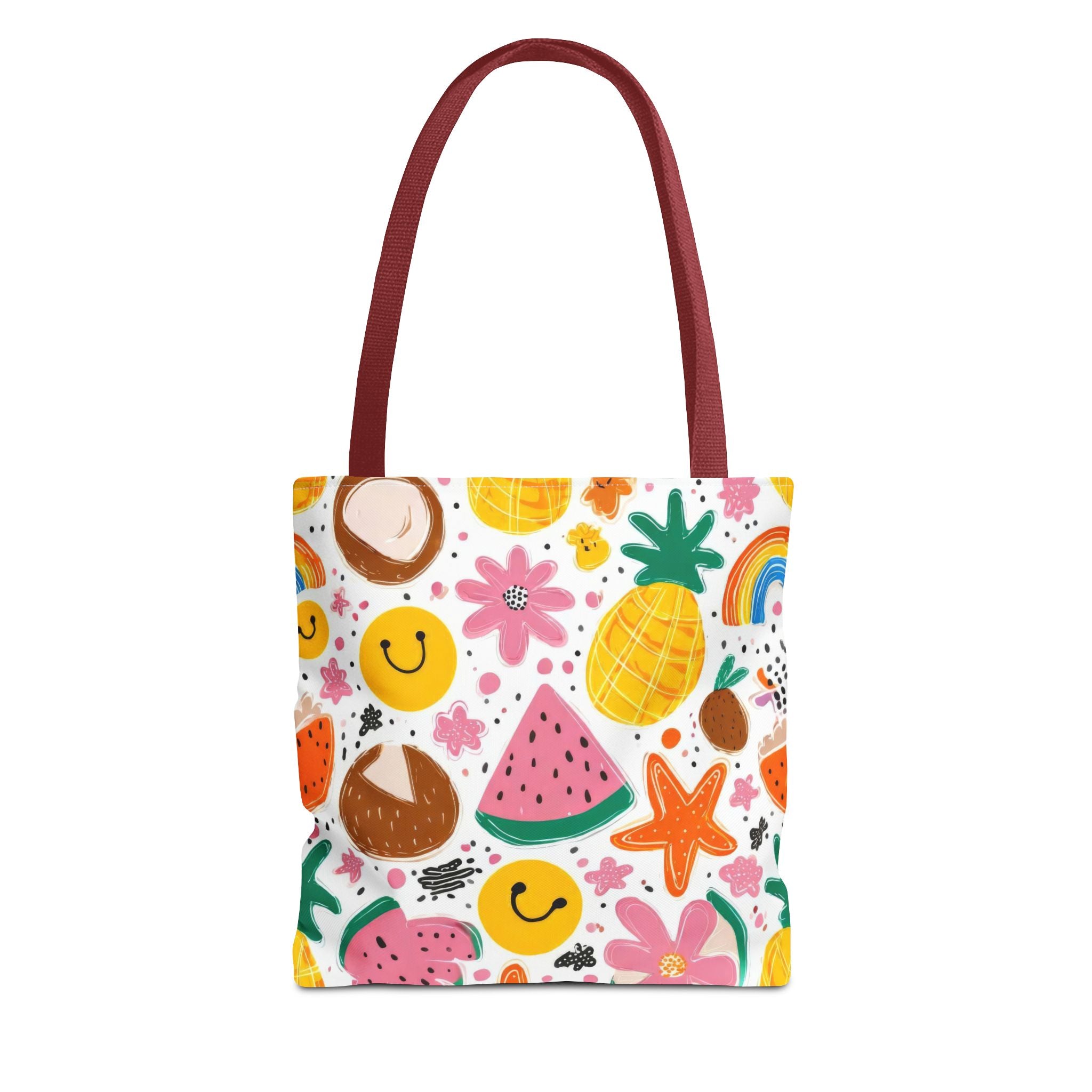 Tropical Fruit Pattern Tote Bag | Pineapple Watermelon Coconut Smiley