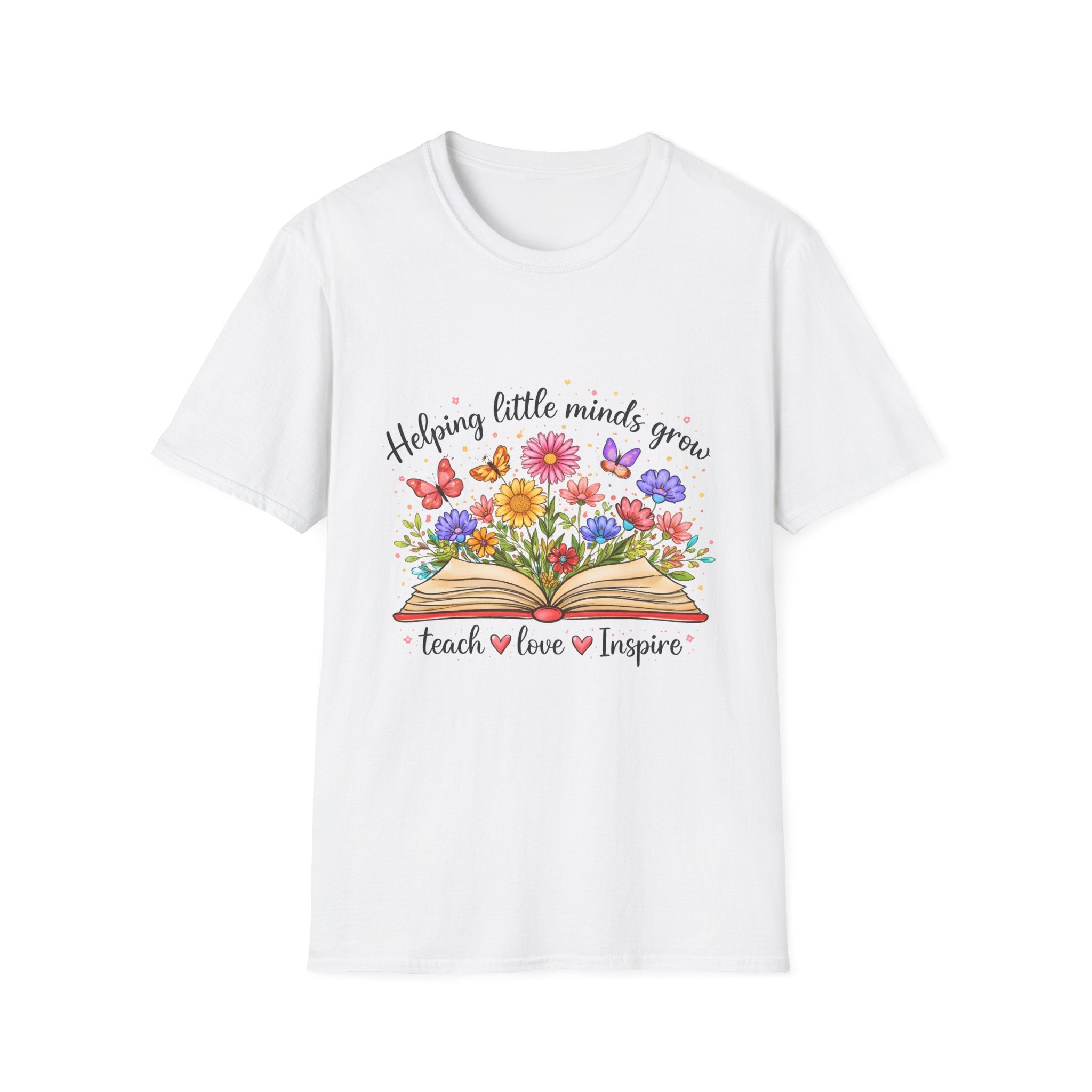 Helping Little Minds Grow T-Shirt | Teach Love Inspire, Floral Open Book Design
