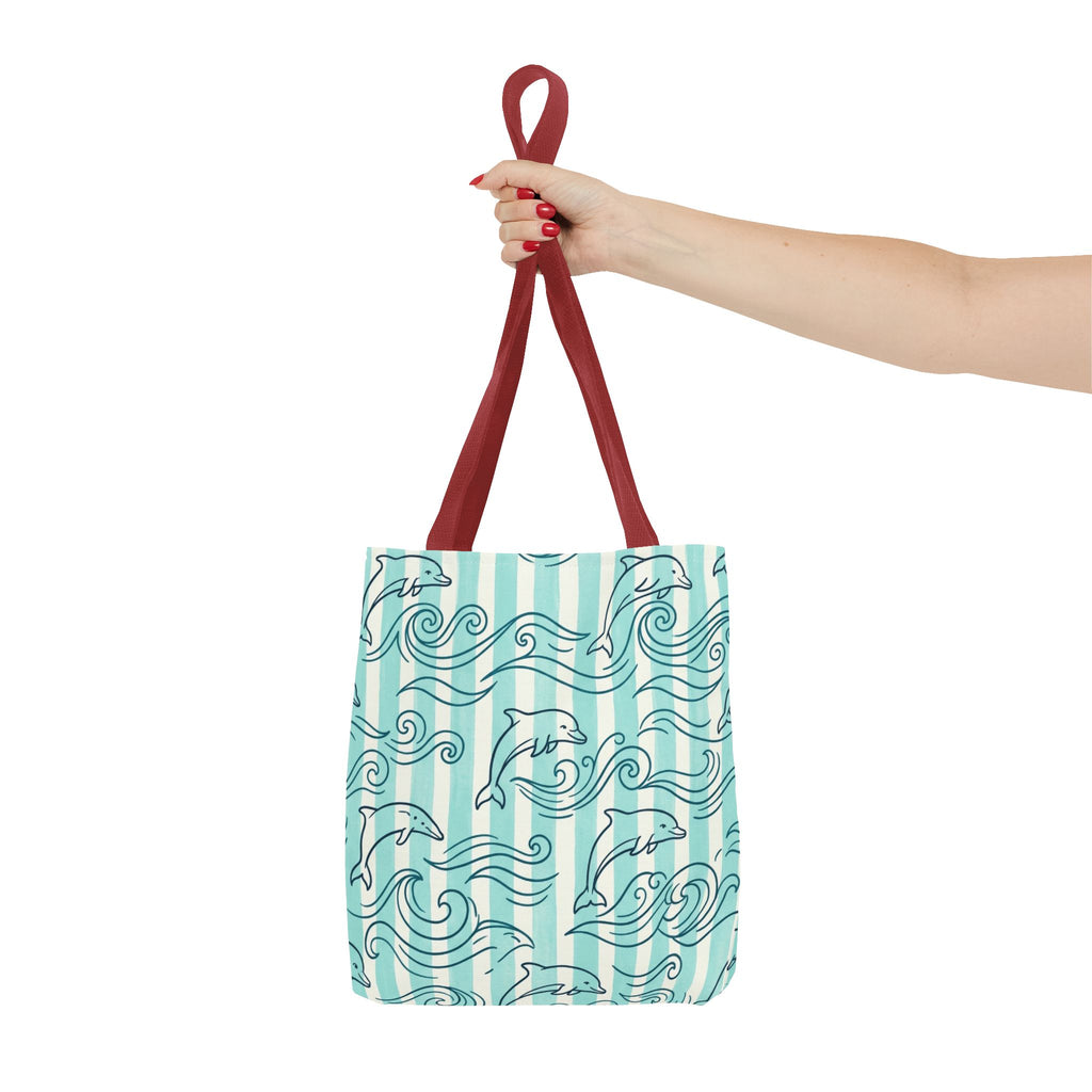 Dolphin Wave Pattern Tote Bag | Aqua Striped Ocean Design