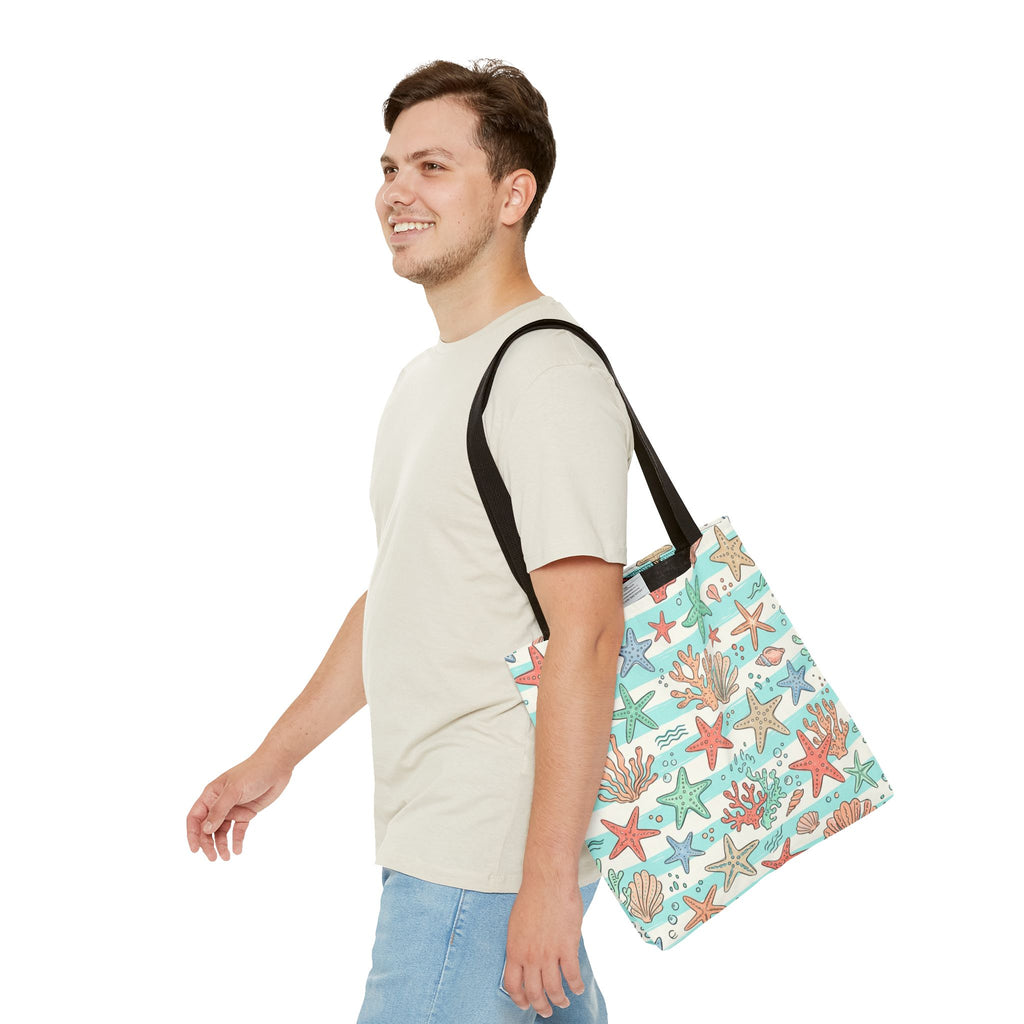 Starfish Coral Pattern Tote Bag | Beach Sea Life Striped Nautical Design
