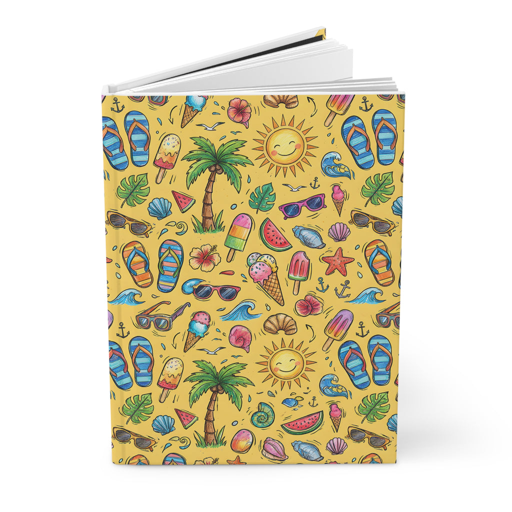 Summer Vibes Hardcover Journal  Beach Pattern Notebook with Sunglasses, Flip Flops & Ice Cream