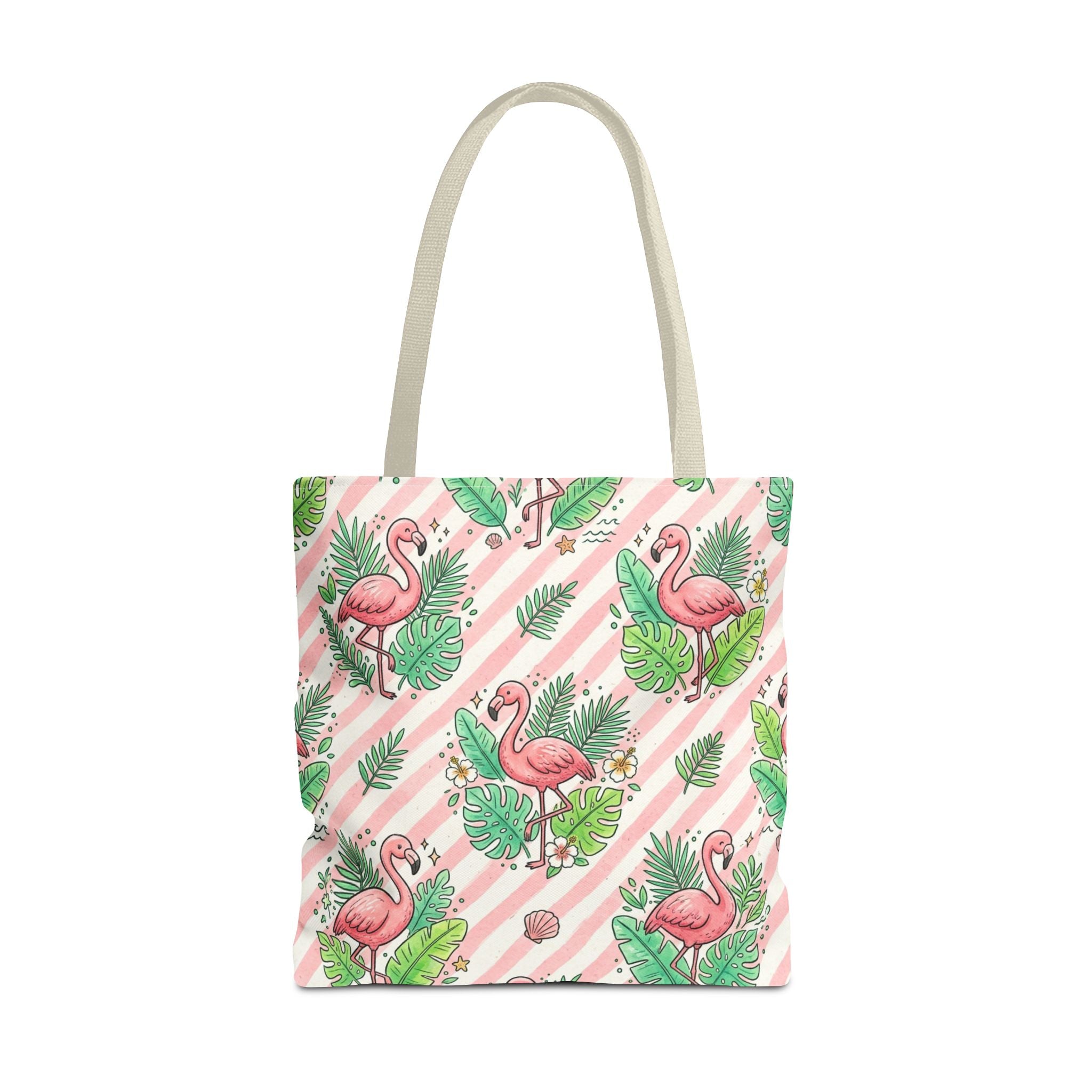 Pink Flamingo Pattern Tote Bag | Tropical Leaves Striped All-Over Print