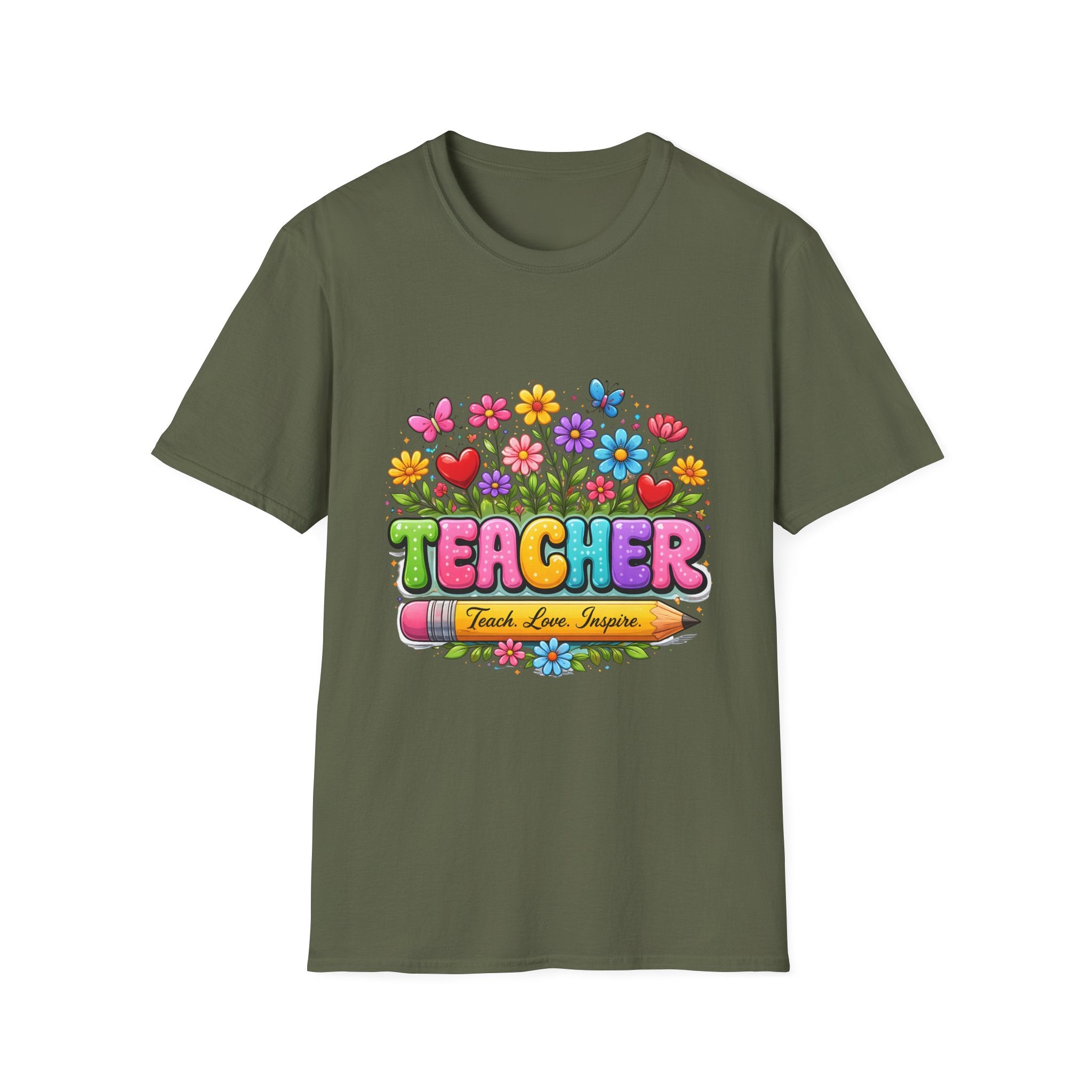 Teacher floral pencil design T-Shirt | Teach Love Inspire, colorful school shirt