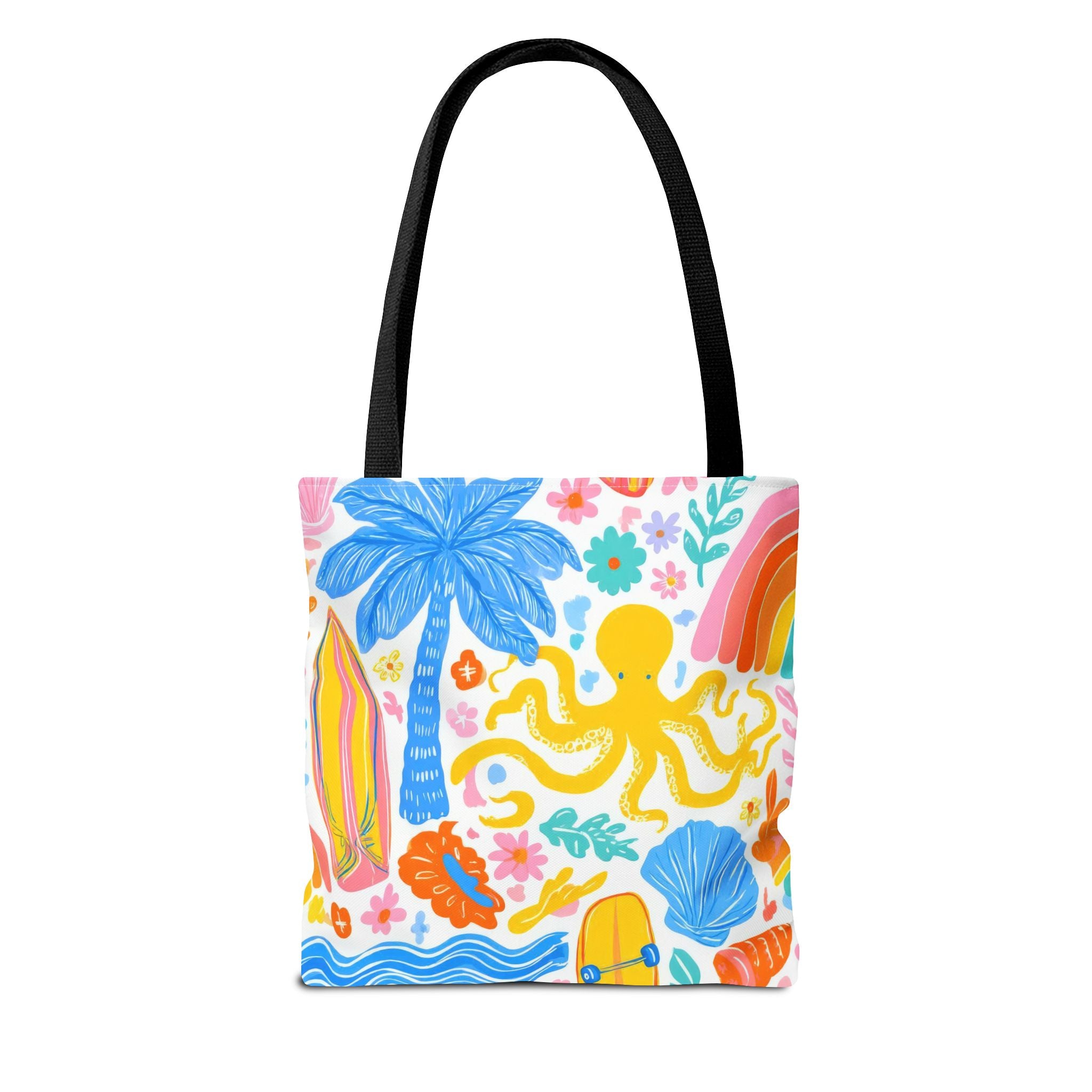 Colorful Beach Octopus Tote Bag | Tropical Palm, Surfboard, Rainbow Print