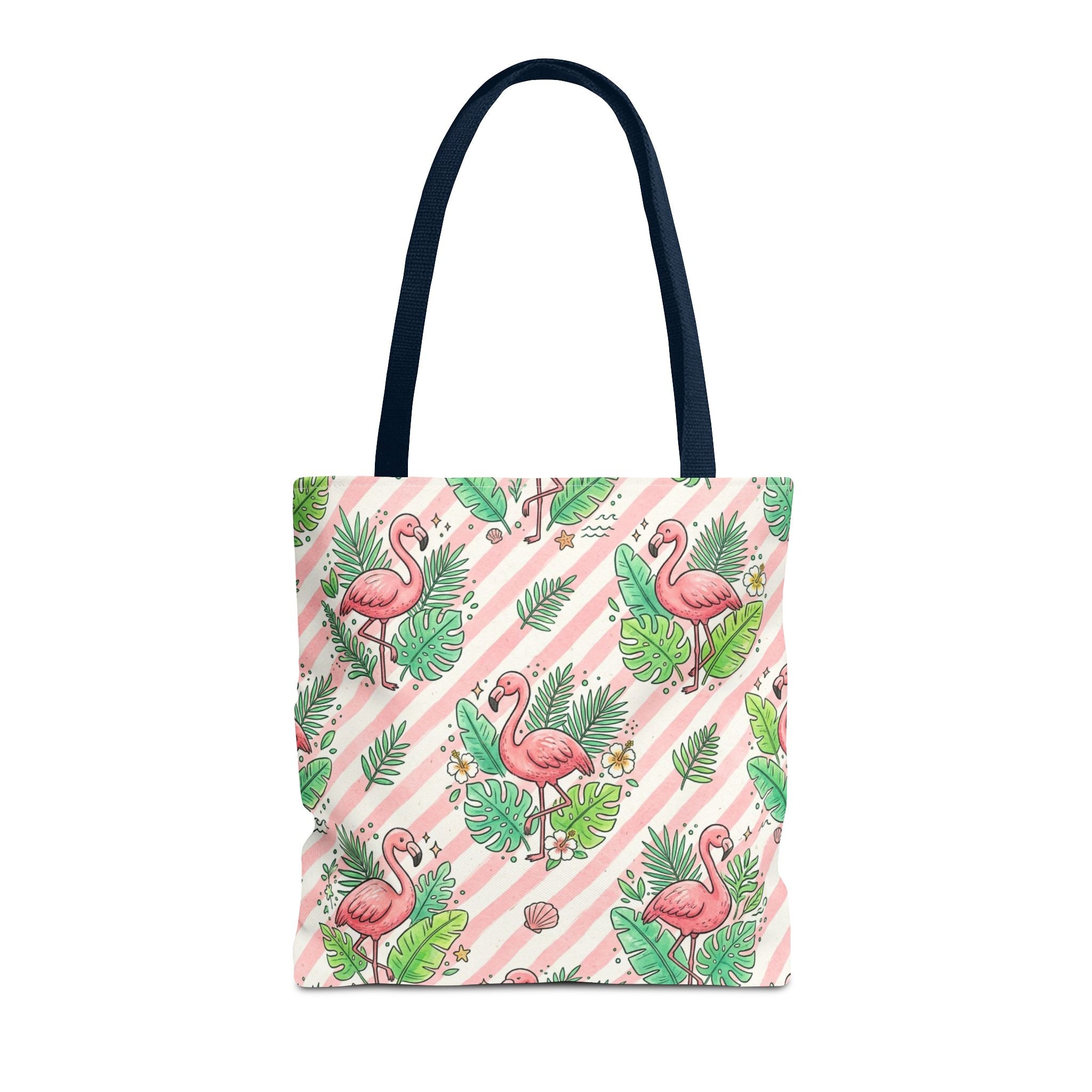Pink Flamingo Pattern Tote Bag | Tropical Leaves Striped All-Over Print
