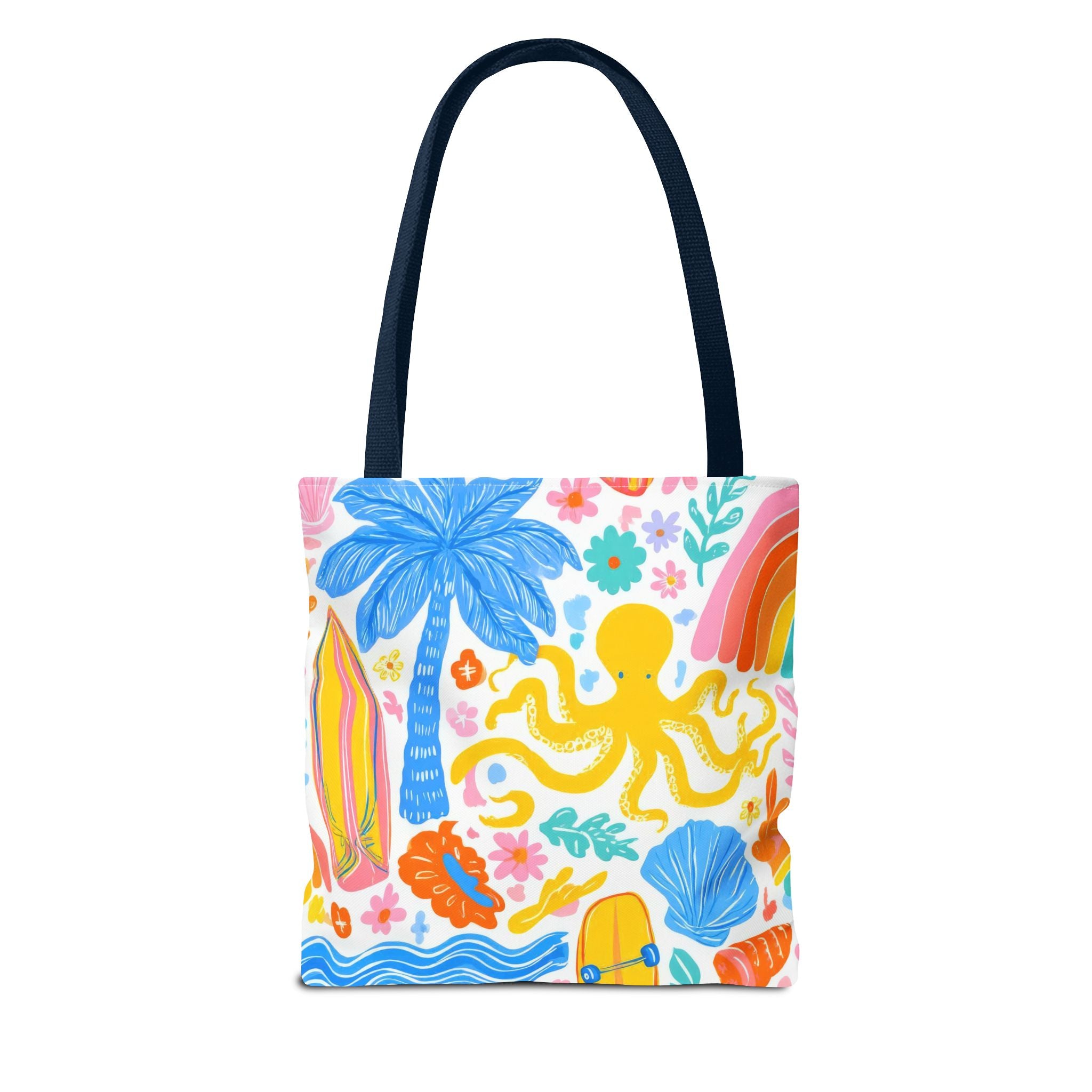 Colorful Beach Octopus Tote Bag | Tropical Palm, Surfboard, Rainbow Print