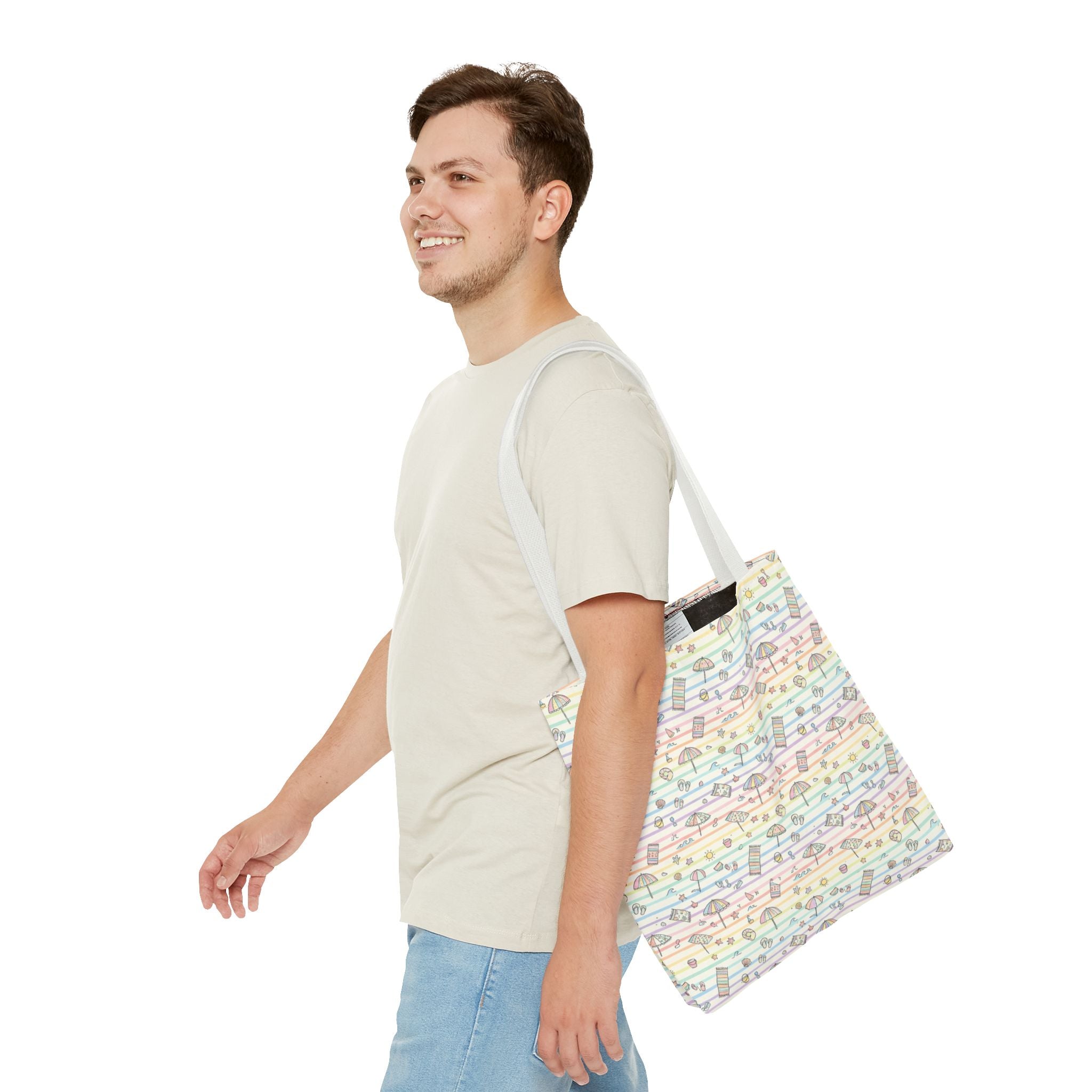 Pastel Beach Pattern Tote Bag | Seashells, Umbrellas, Flip Flops