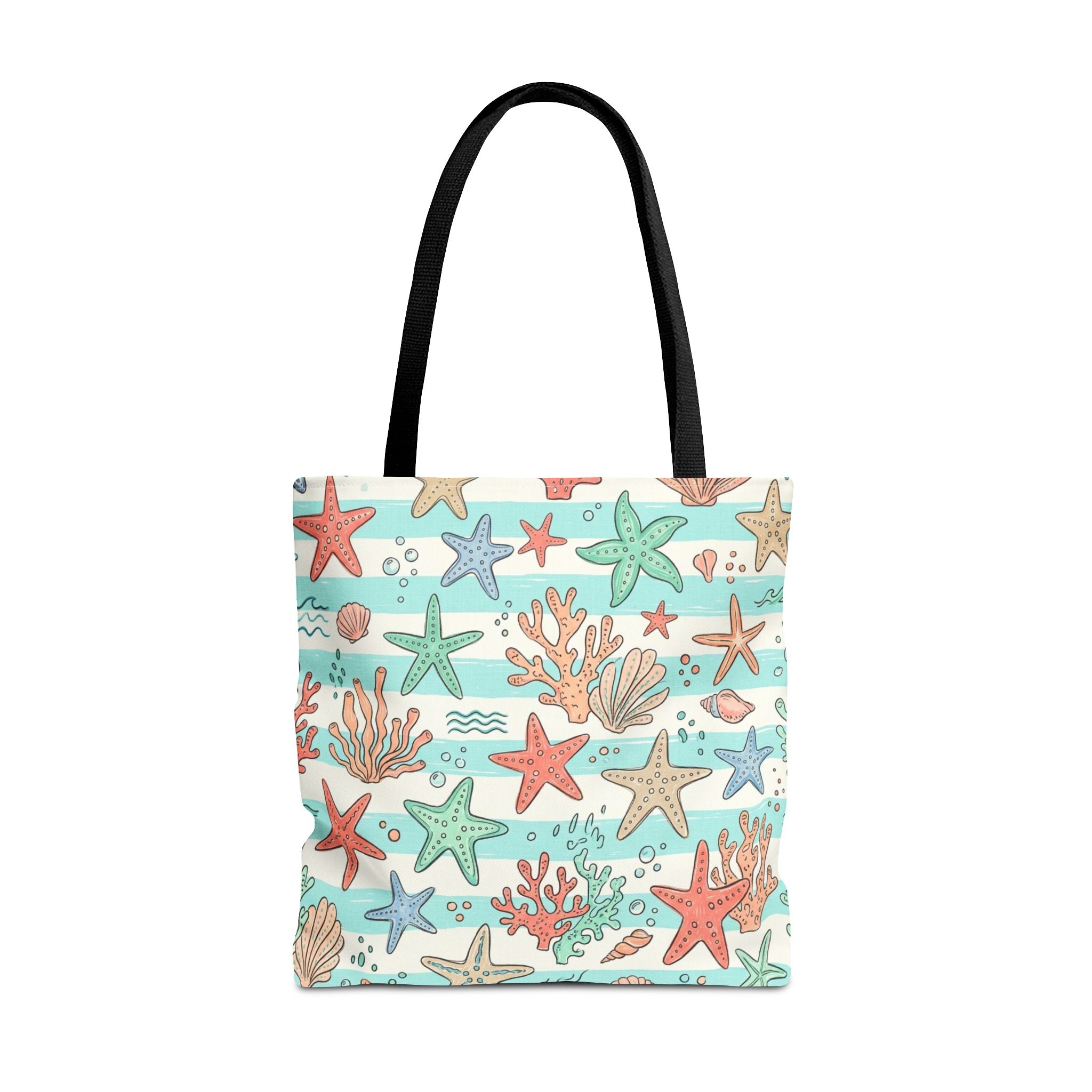 Starfish Coral Pattern Tote Bag | Beach Sea Life Striped Nautical Design