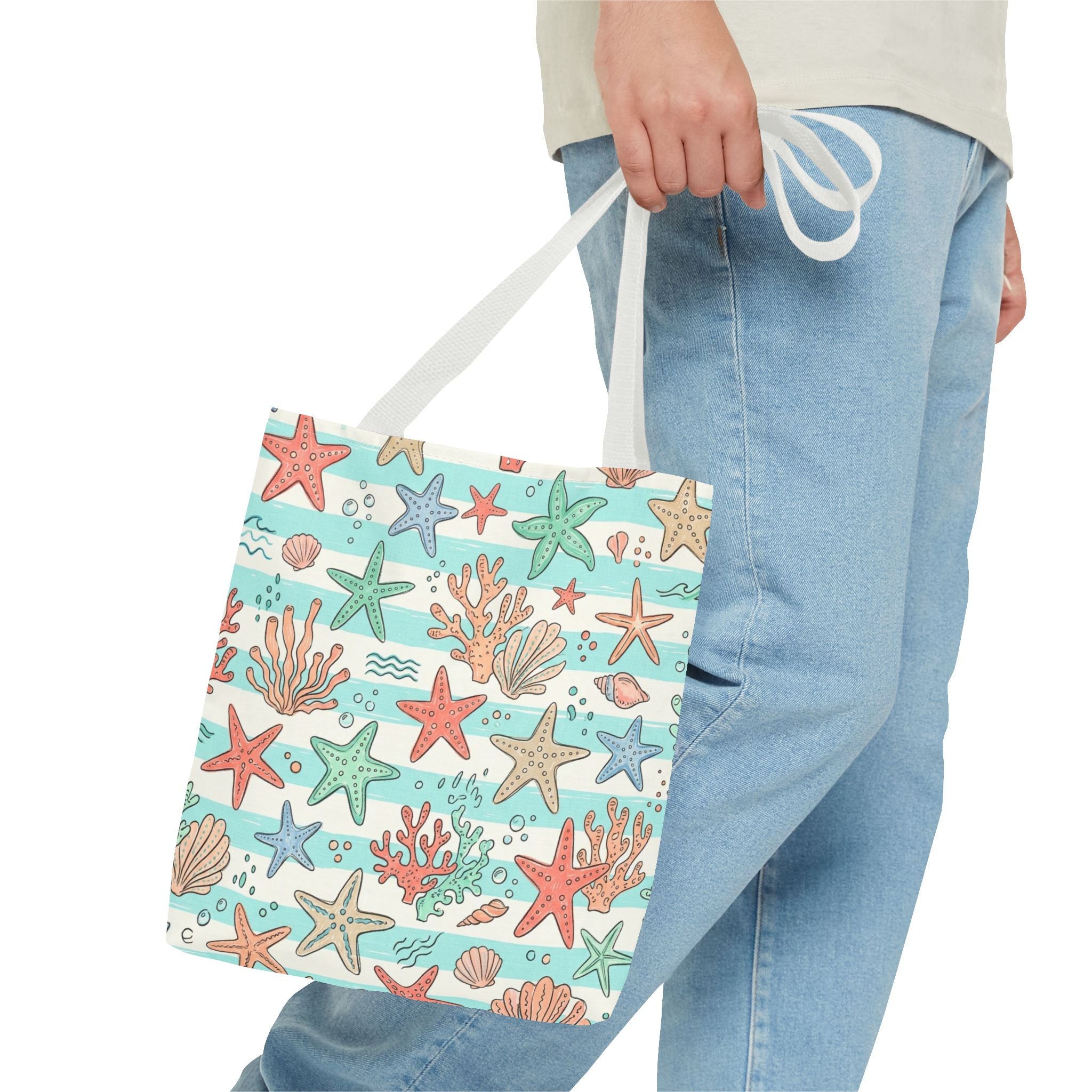 Starfish Coral Pattern Tote Bag | Beach Sea Life Striped Nautical Design