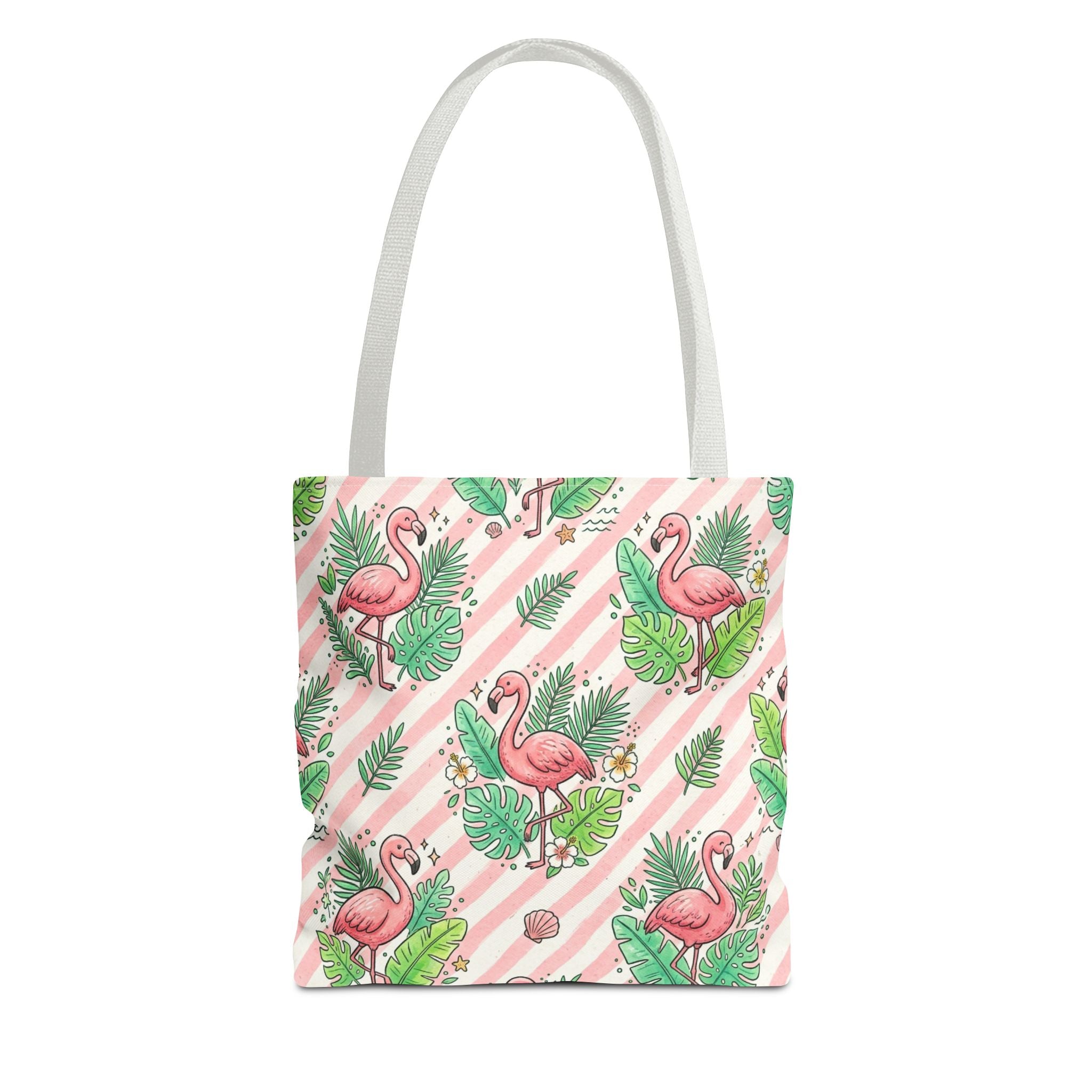 Pink Flamingo Pattern Tote Bag | Tropical Leaves Striped All-Over Print
