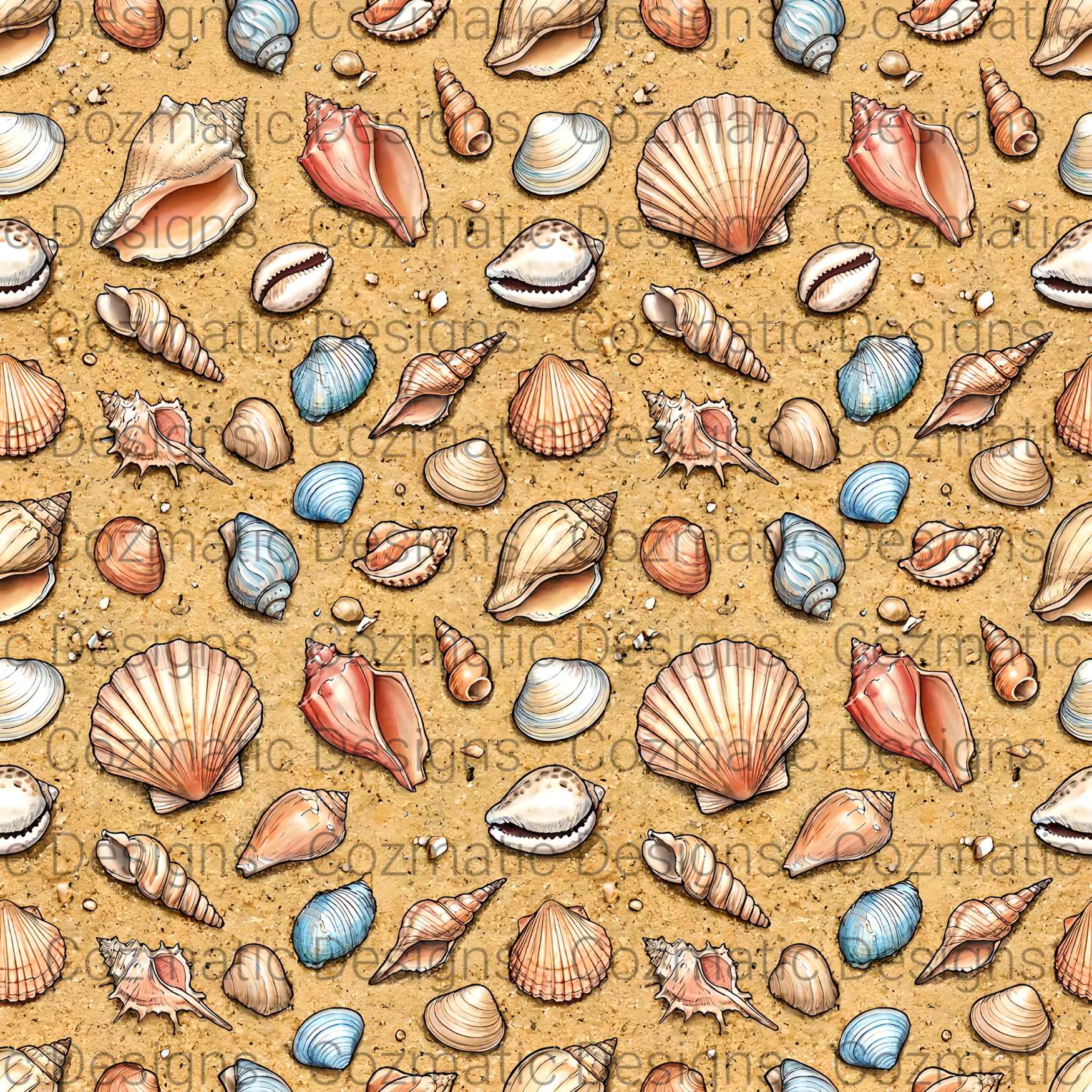 Seashells Seamless Pattern PNG | Beach | Sand | Summer | Digital Download for Sublimation & Crafts