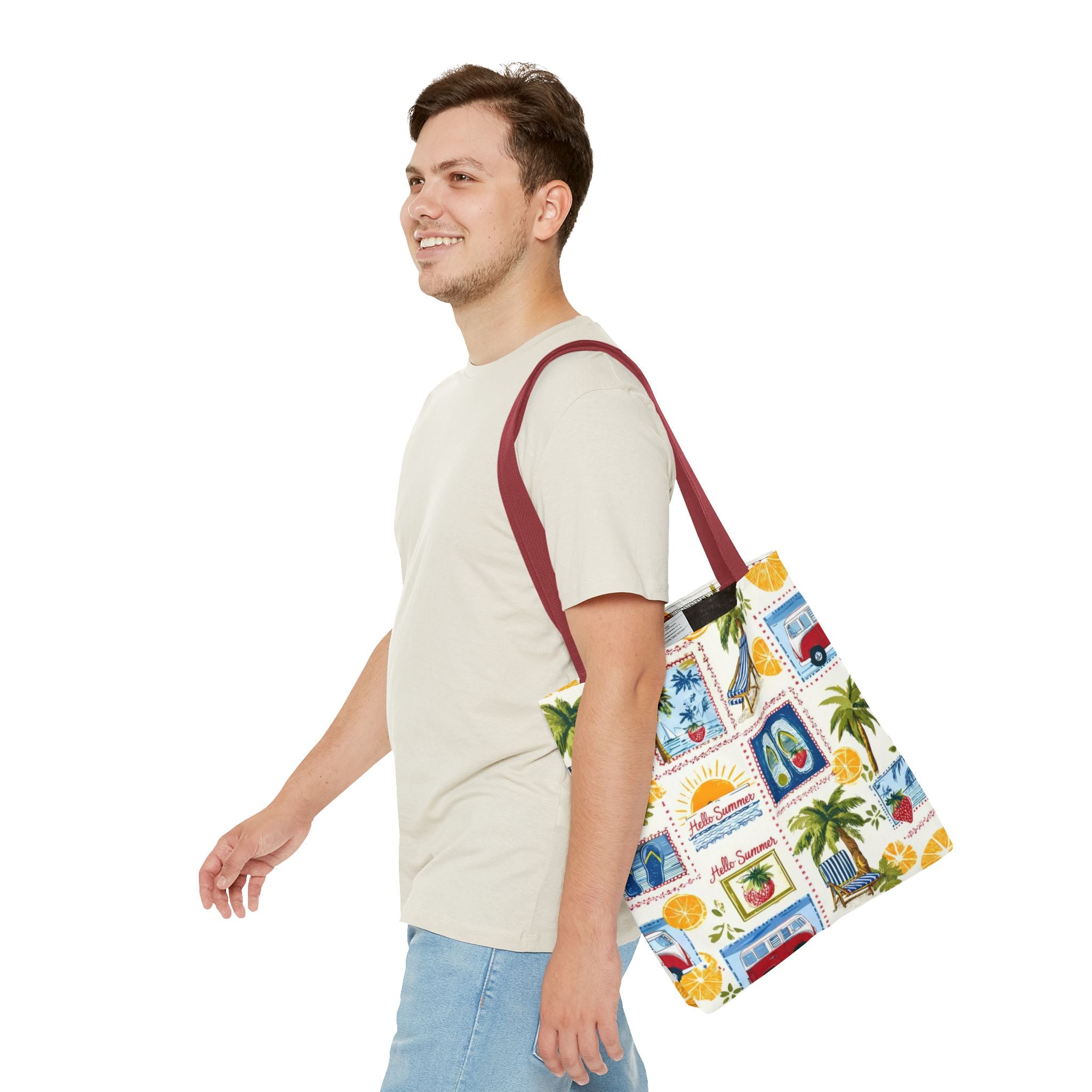 Hello Summer collage Tote Bag | beach palm trees flip flops camper van