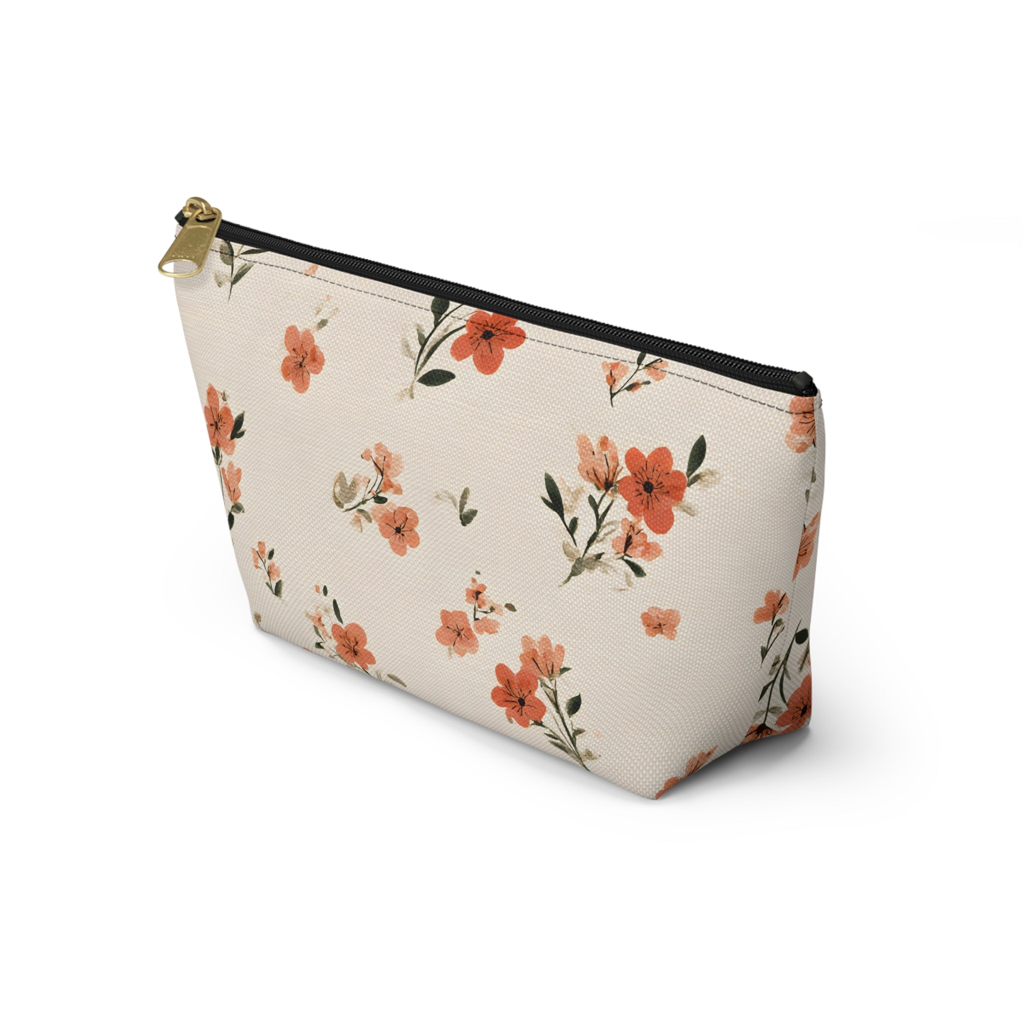 Peach Floral Print Accessory Pouch | T-Bottom Zipper Pouch