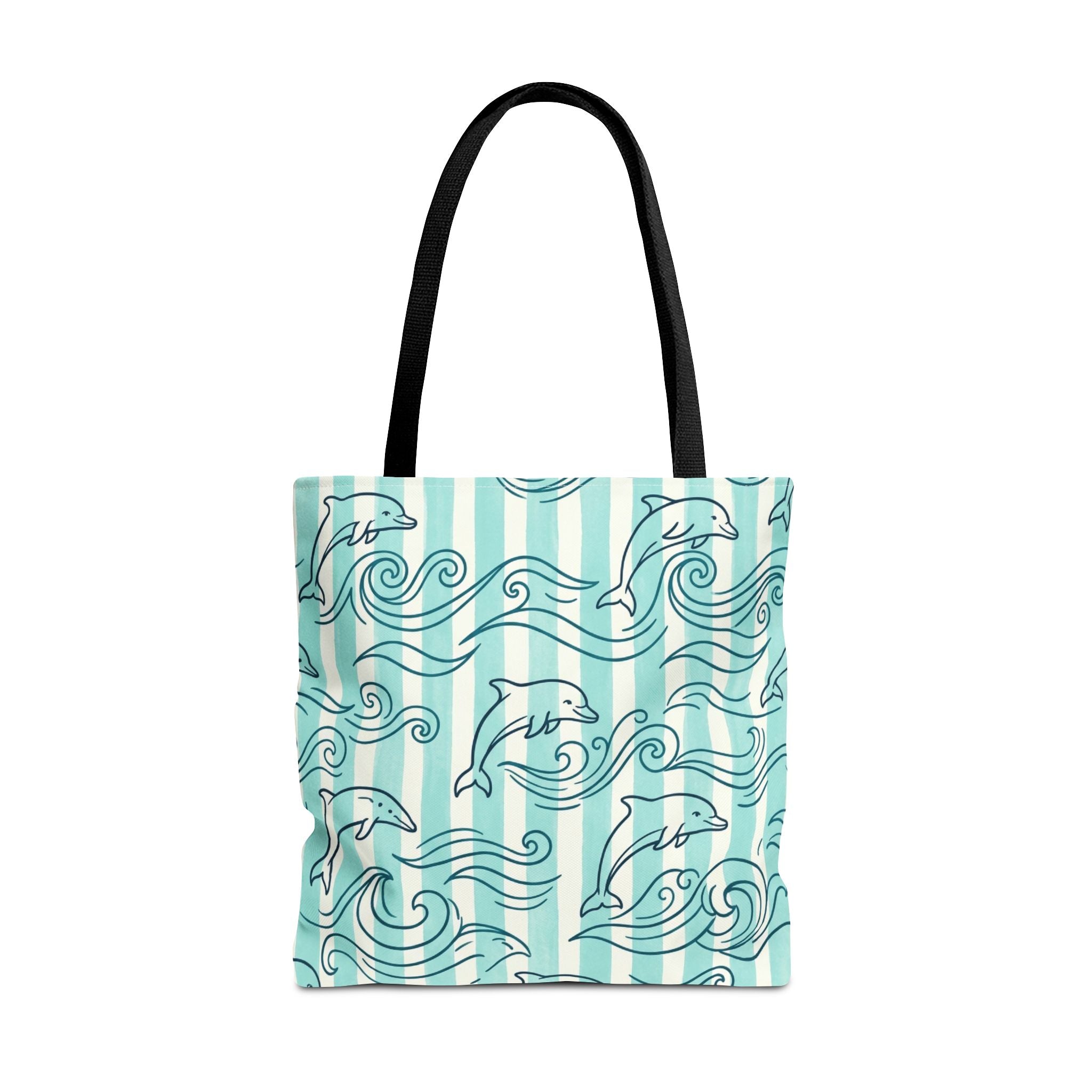 Dolphin Wave Pattern Tote Bag | Aqua Striped Ocean Design