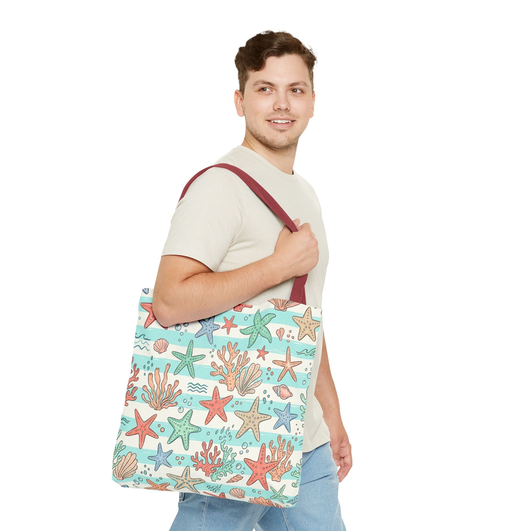 Starfish Coral Pattern Tote Bag | Beach Sea Life Striped Nautical Design