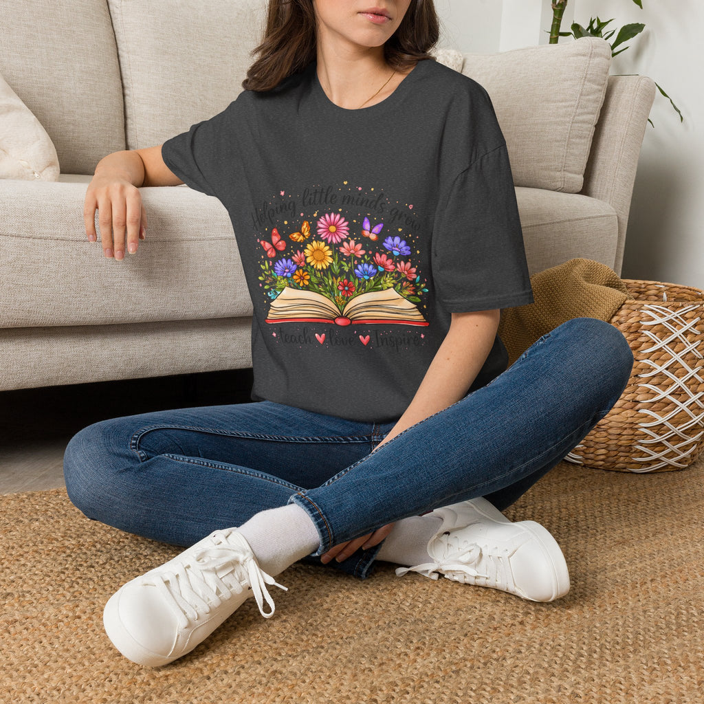 Helping Little Minds Grow T-Shirt | Teach Love Inspire, Floral Open Book Design