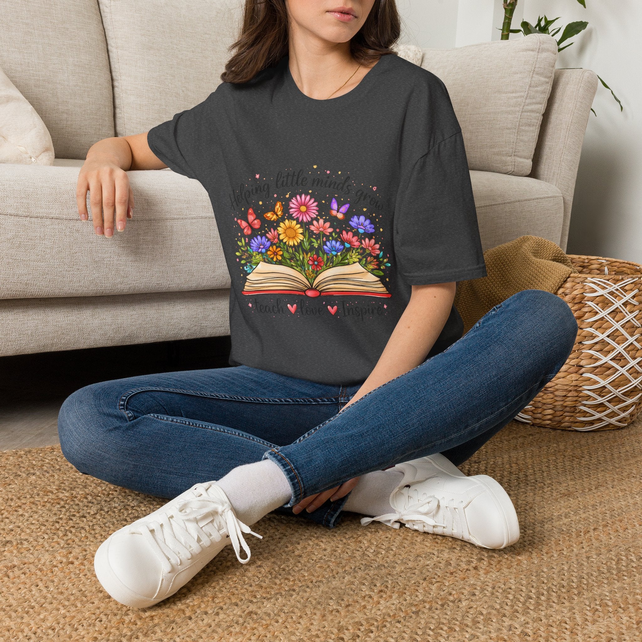 Helping Little Minds Grow T-Shirt | Teach Love Inspire, Floral Open Book Design