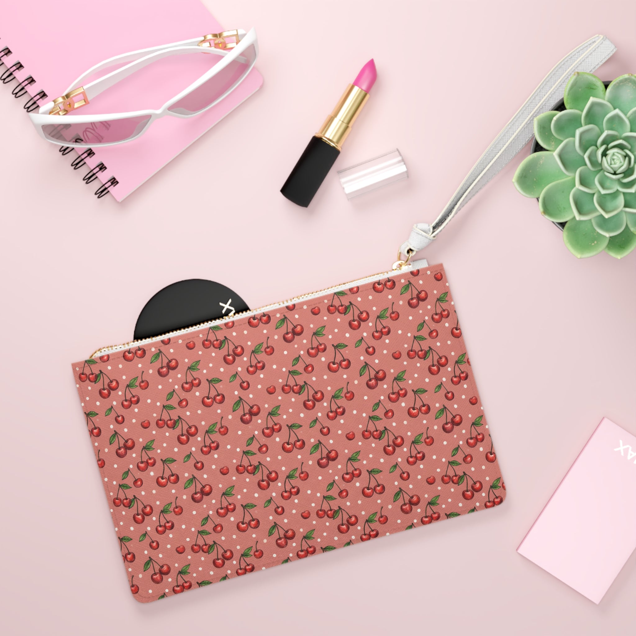 Cherry Pattern Clutch Bag | Pink Polka Dot Cherry Print