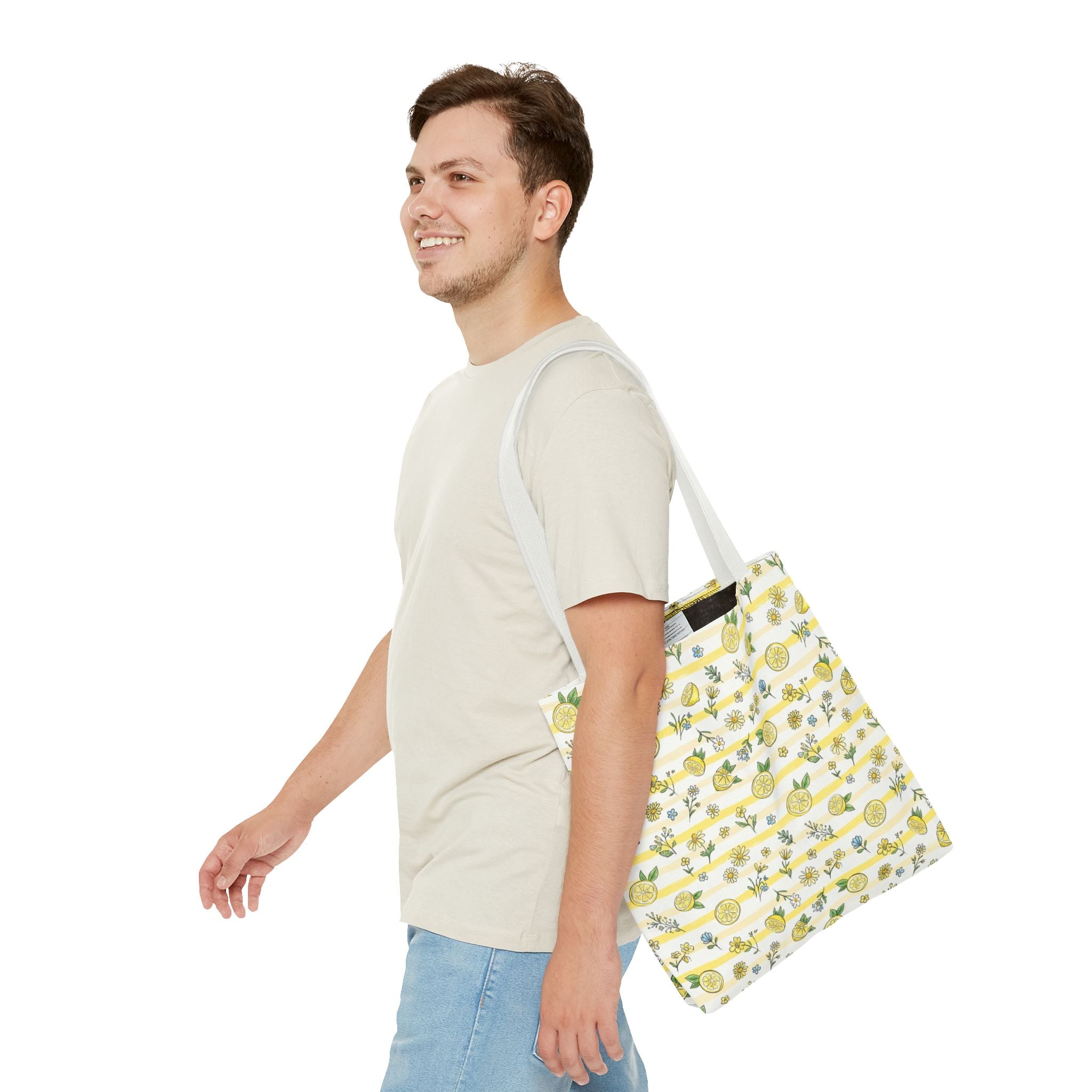 Lemon Stripe Pattern Tote Bag | Citrus Floral All-Over Print