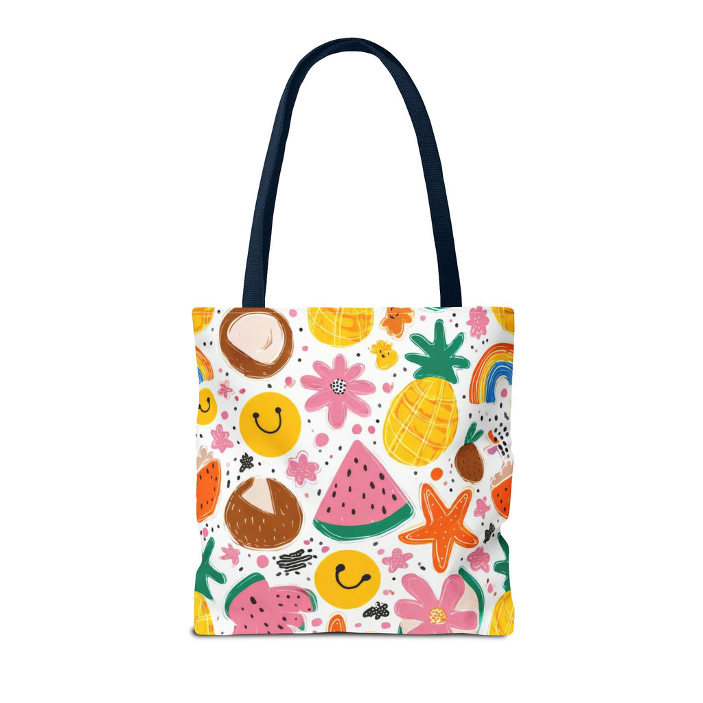 Tropical Fruit Pattern Tote Bag | Pineapple Watermelon Coconut Smiley
