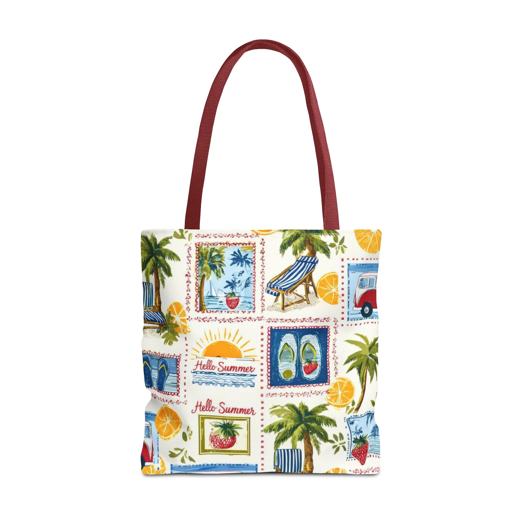 Hello Summer collage Tote Bag | beach palm trees flip flops camper van