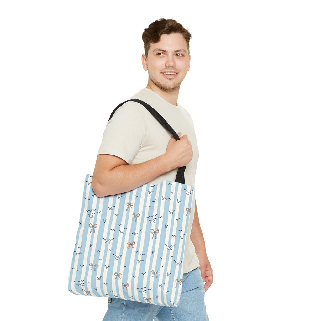 Blue Striped Bows and Birds Tote Bag