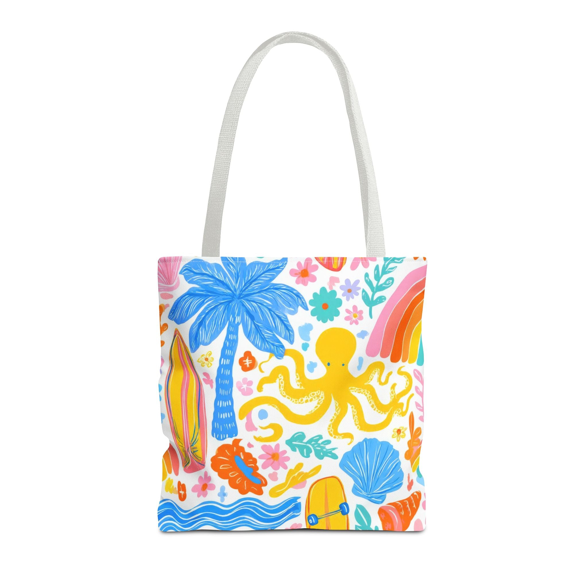 Colorful Beach Octopus Tote Bag | Tropical Palm, Surfboard, Rainbow Print