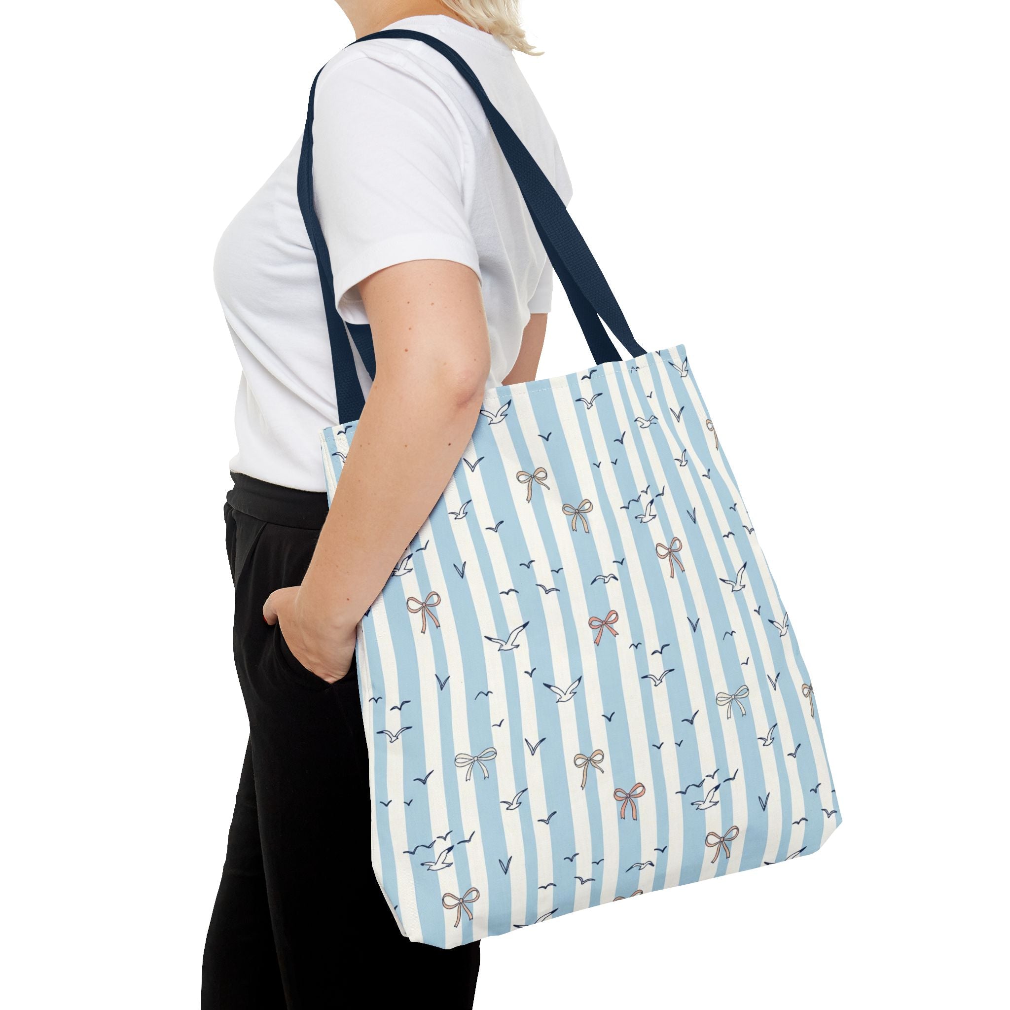 Blue Striped Bows and Birds Tote Bag