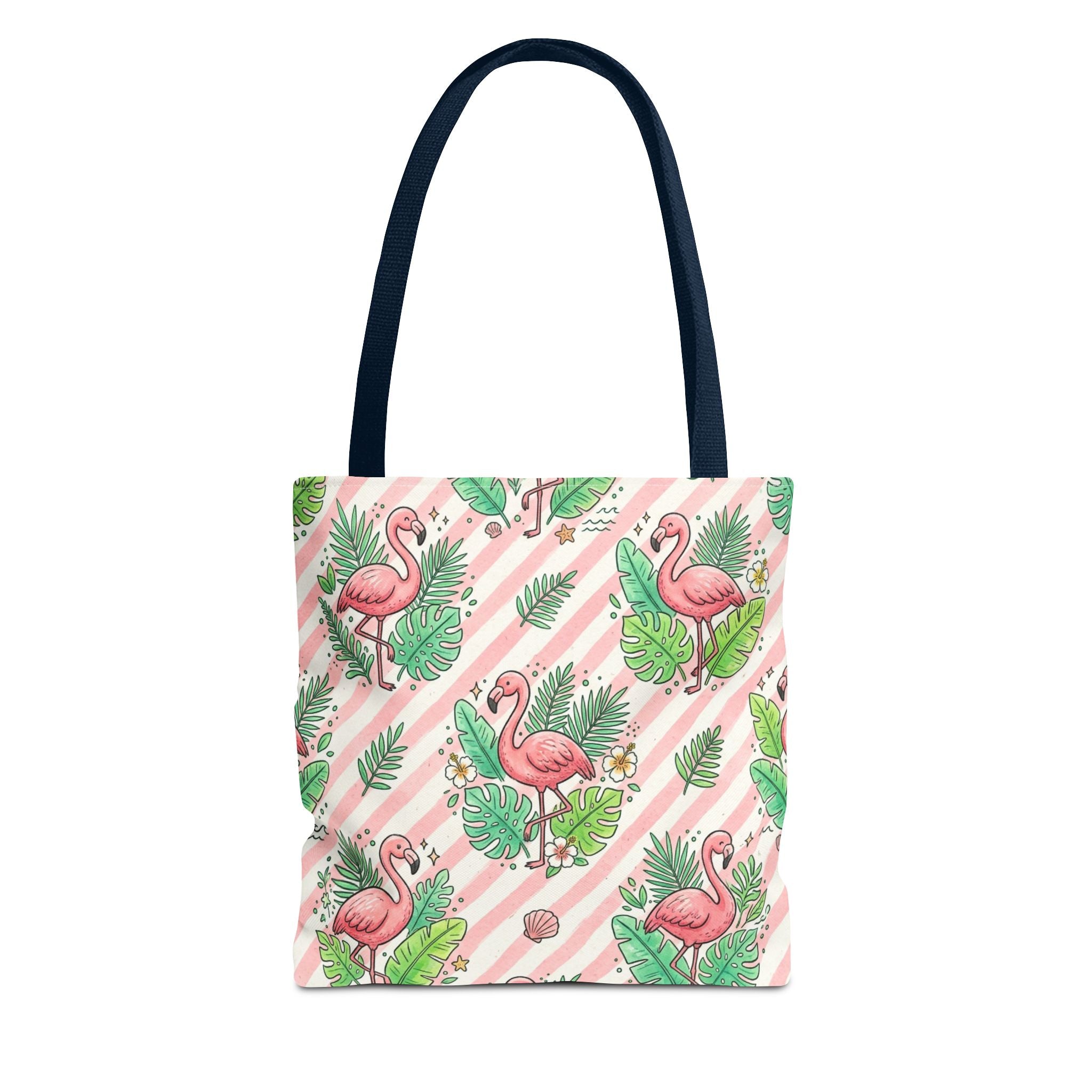 Pink Flamingo Pattern Tote Bag | Tropical Leaves Striped All-Over Print