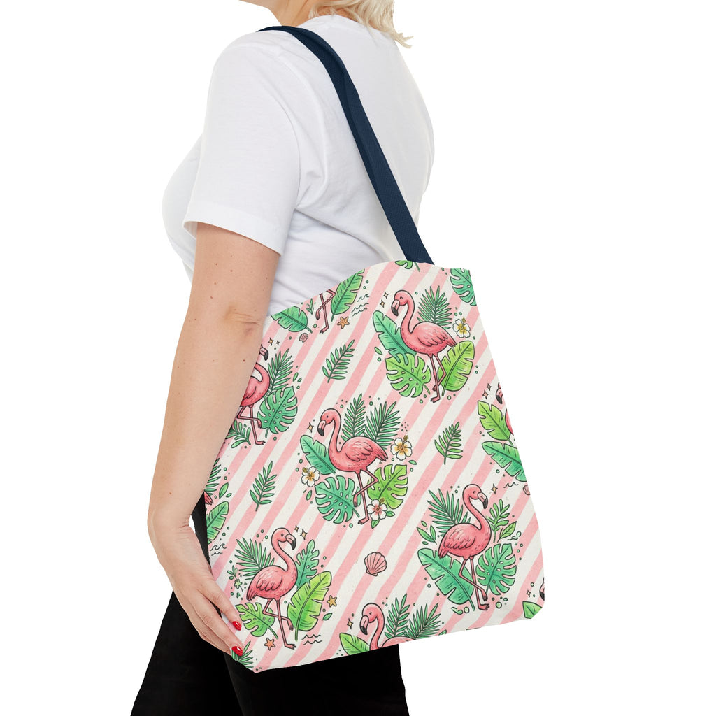 Pink Flamingo Pattern Tote Bag | Tropical Leaves Striped All-Over Print