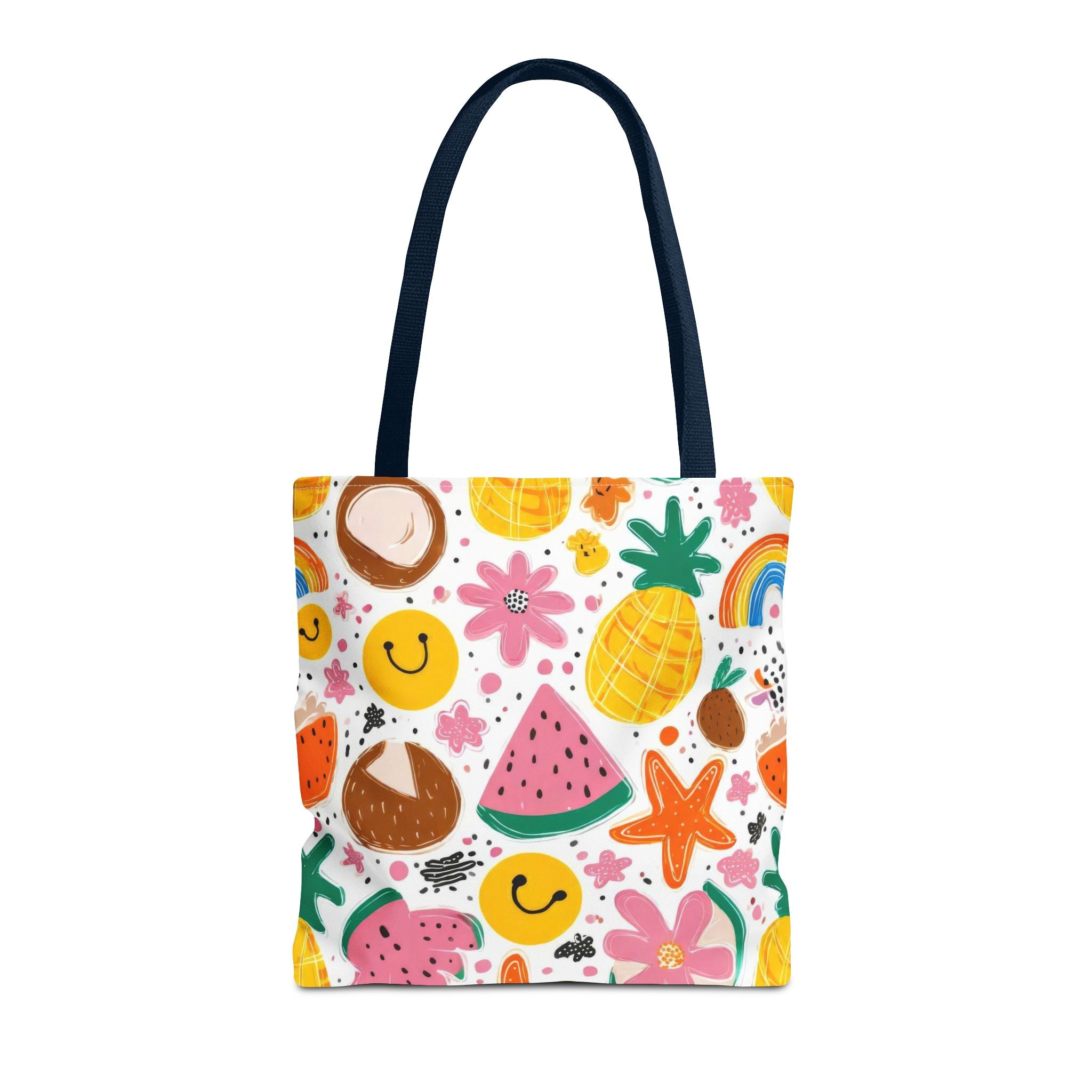 Tropical Fruit Pattern Tote Bag | Pineapple Watermelon Coconut Smiley