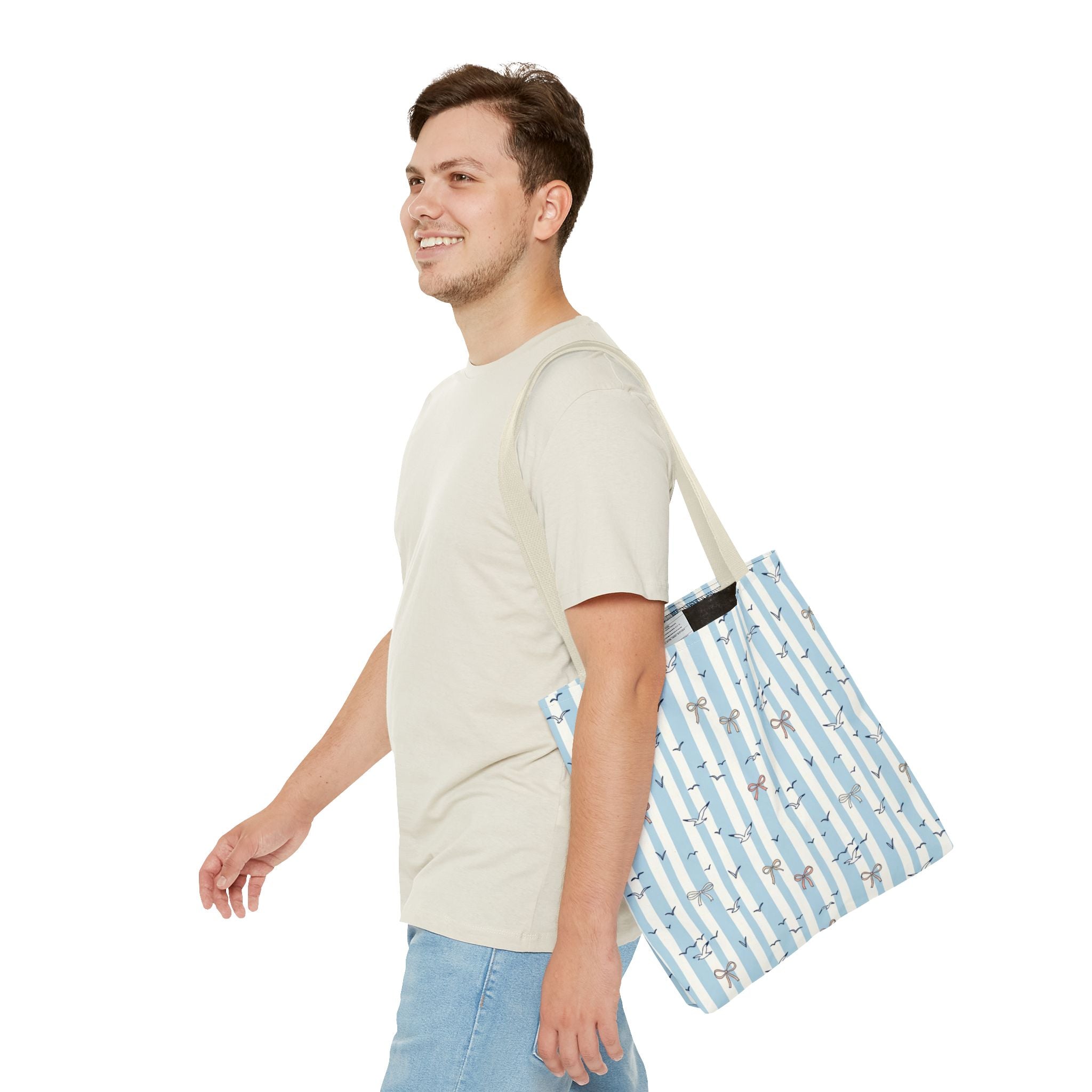 Blue Striped Bows and Birds Tote Bag