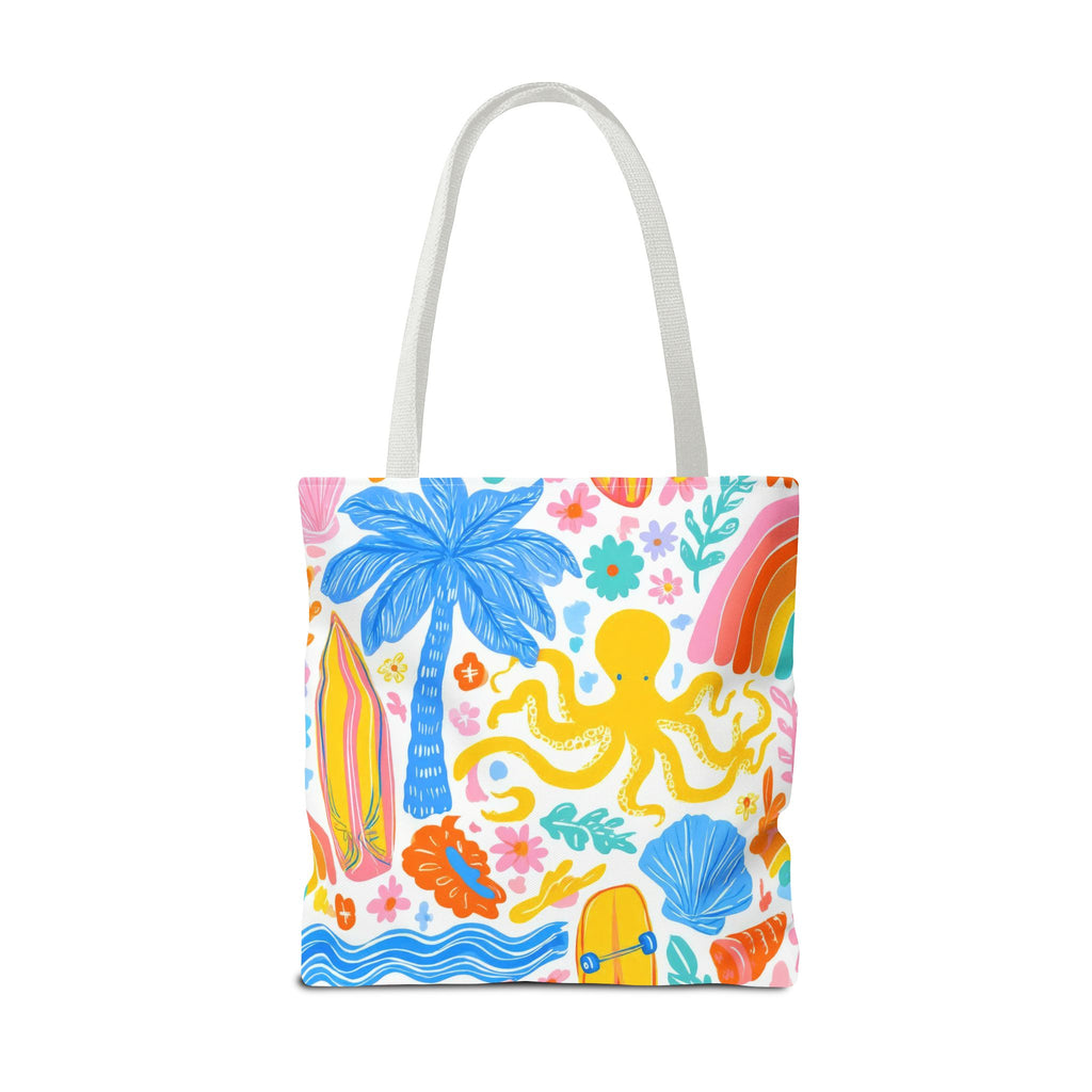 Colorful Beach Octopus Tote Bag | Tropical Palm, Surfboard, Rainbow Print