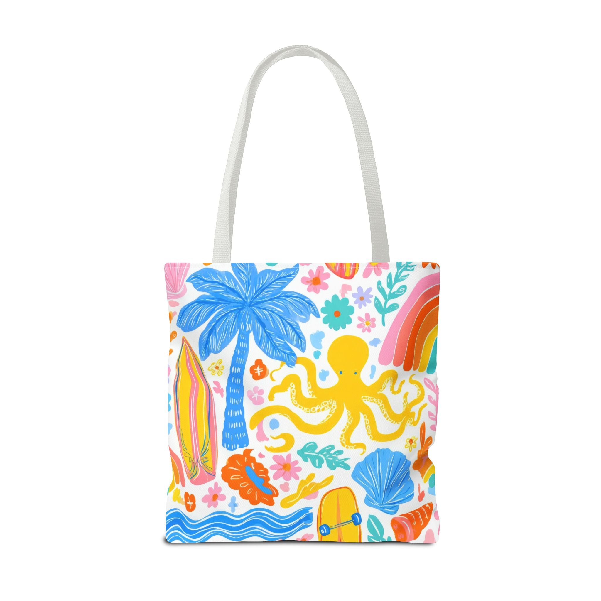 Colorful Beach Octopus Tote Bag | Tropical Palm, Surfboard, Rainbow Print