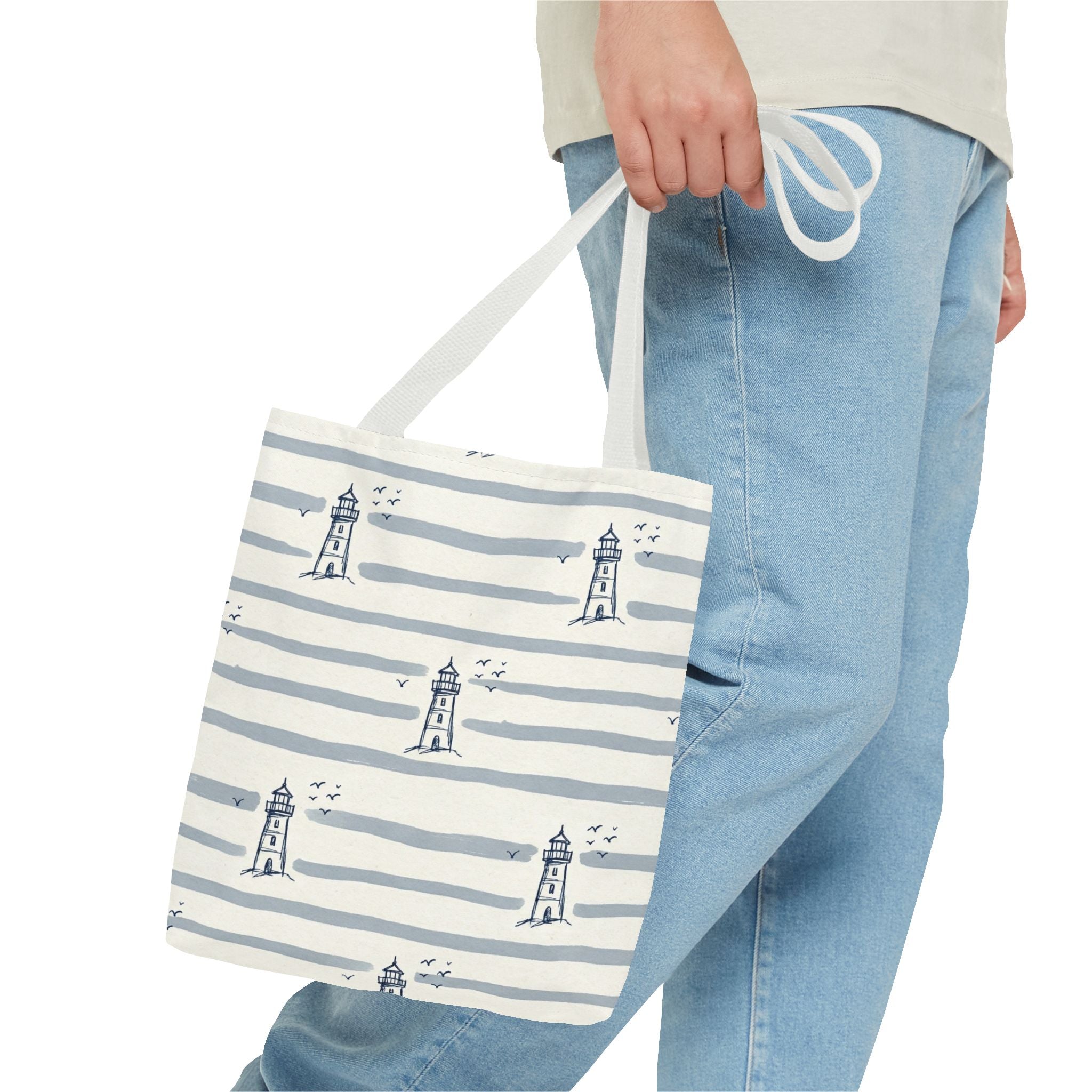 Nautical Lighthouse Pattern Tote Bag | Striped Coastal Beach Tote