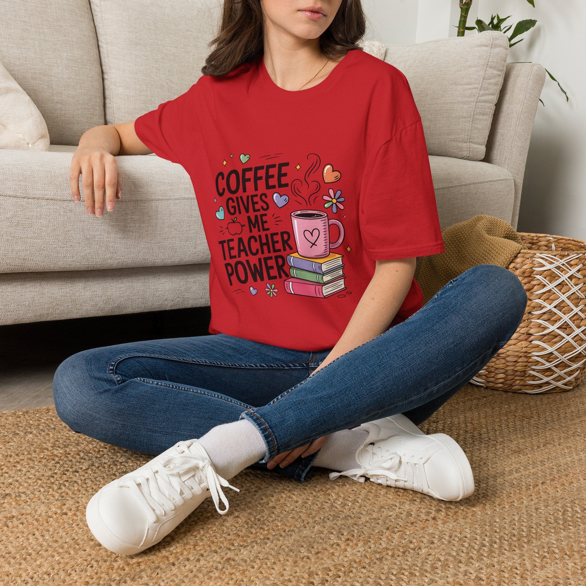 Coffee Gives Me Teacher Power T-Shirt | Teacher Coffee Mug Stack Design