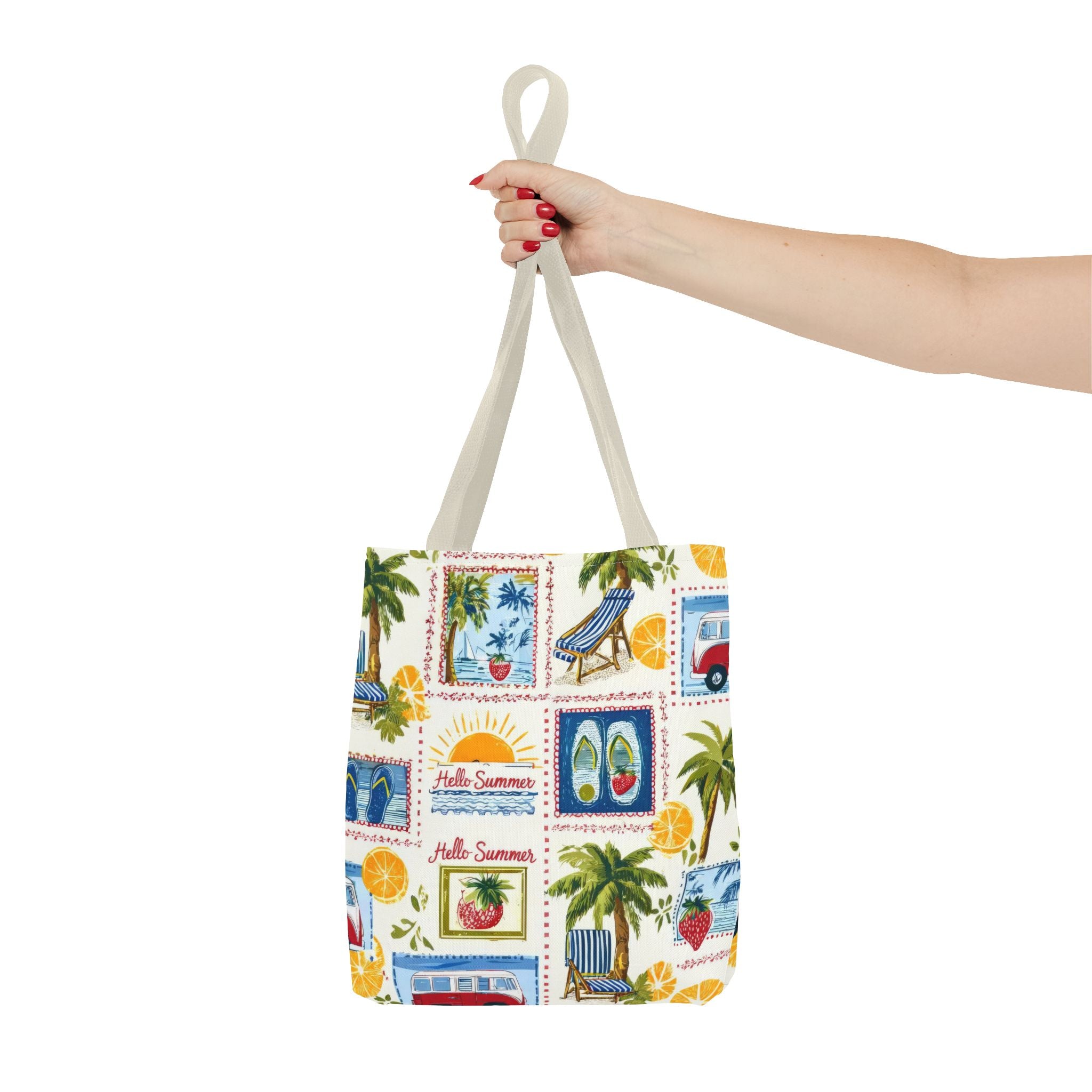 Hello Summer collage Tote Bag | beach palm trees flip flops camper van