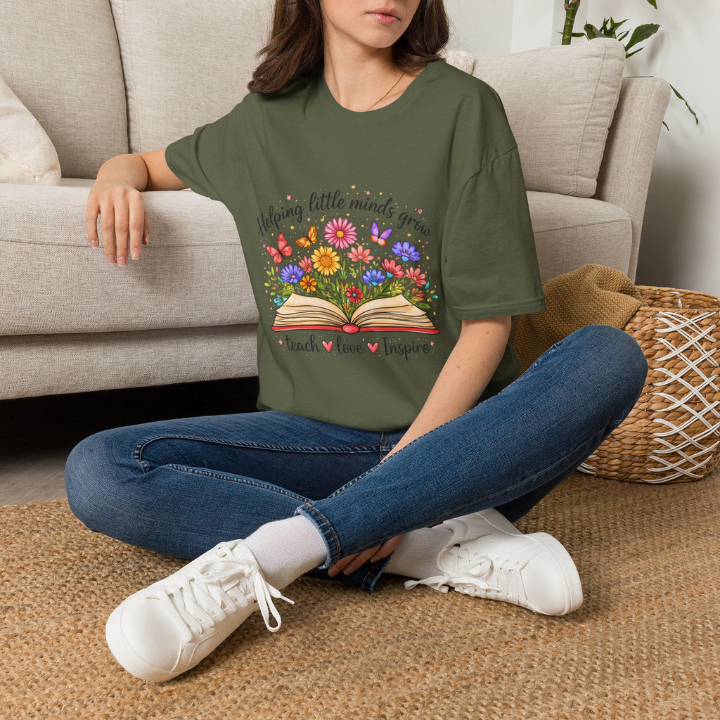 Helping Little Minds Grow T-Shirt | Teach Love Inspire, Floral Open Book Design