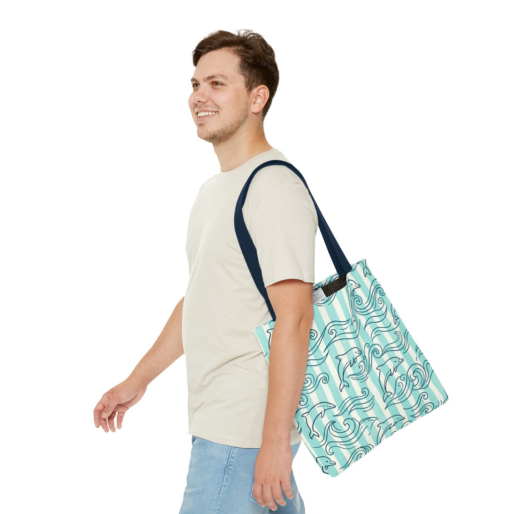 Dolphin Wave Pattern Tote Bag | Aqua Striped Ocean Design