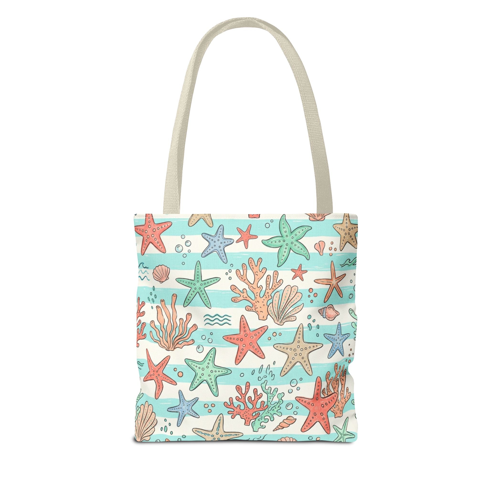 Starfish Coral Pattern Tote Bag | Beach Sea Life Striped Nautical Design