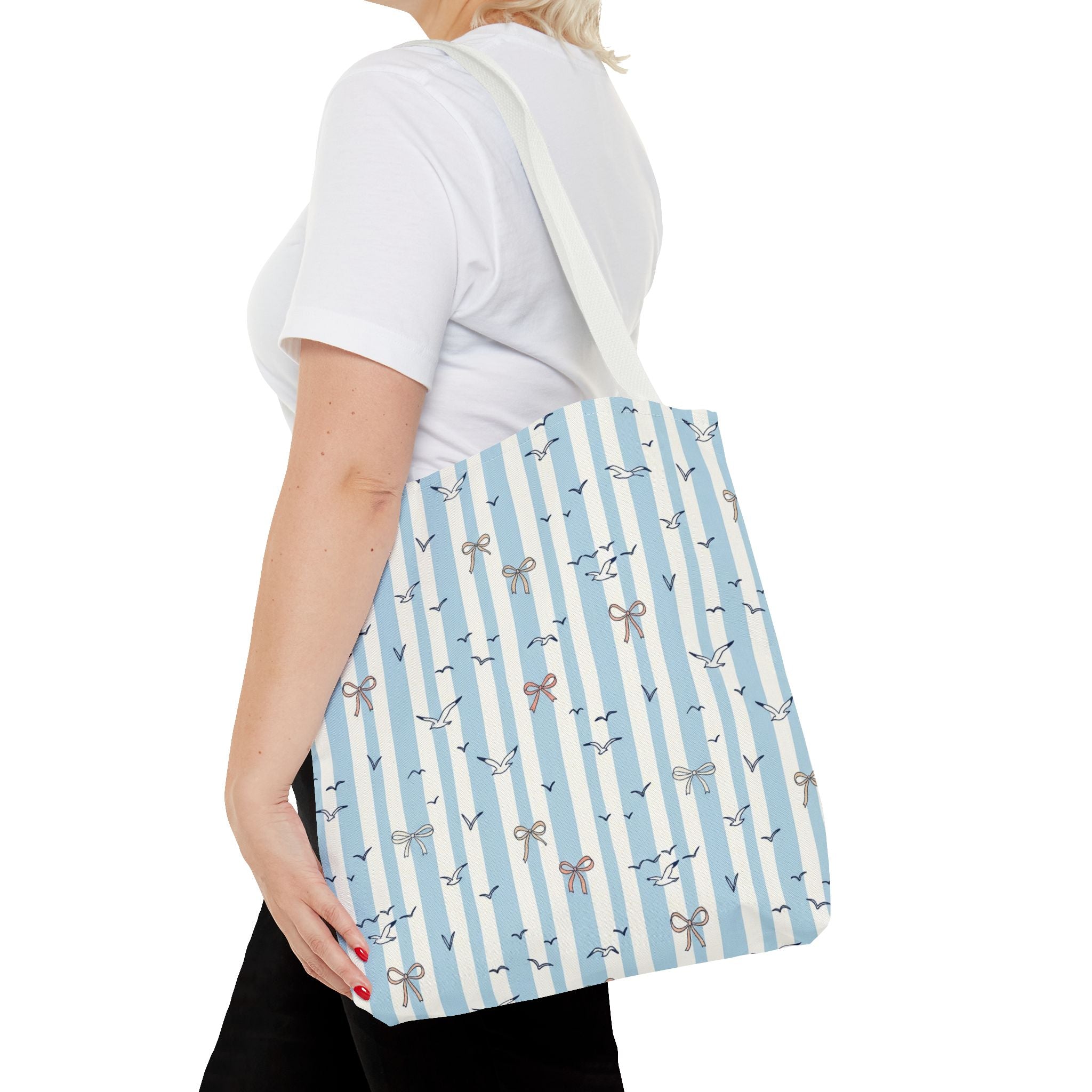 Blue Striped Bows and Birds Tote Bag