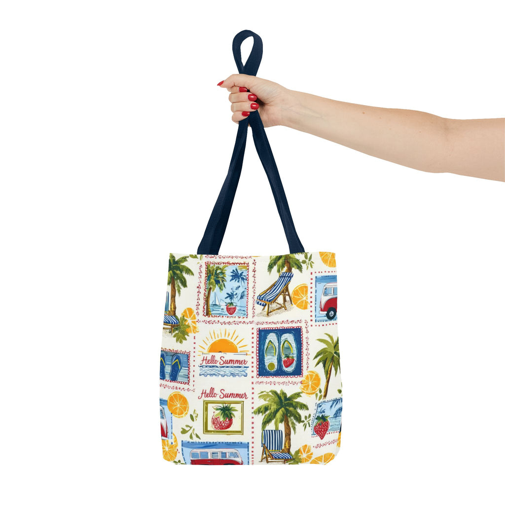 Hello Summer collage Tote Bag | beach palm trees flip flops camper van